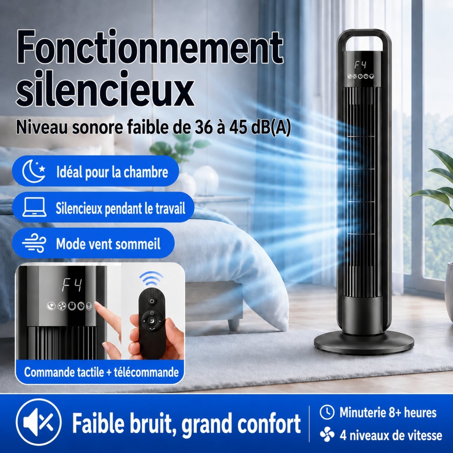 Ventilador de columna con control remoto, oscilación y 4 velocidades
