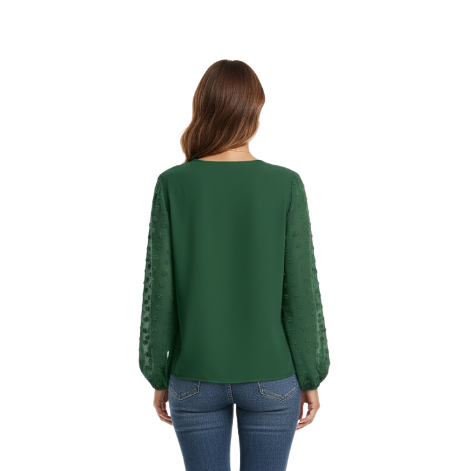 Women's blouse with V-neck, puffed textured sleeves, dotted sheer fabric, flowing