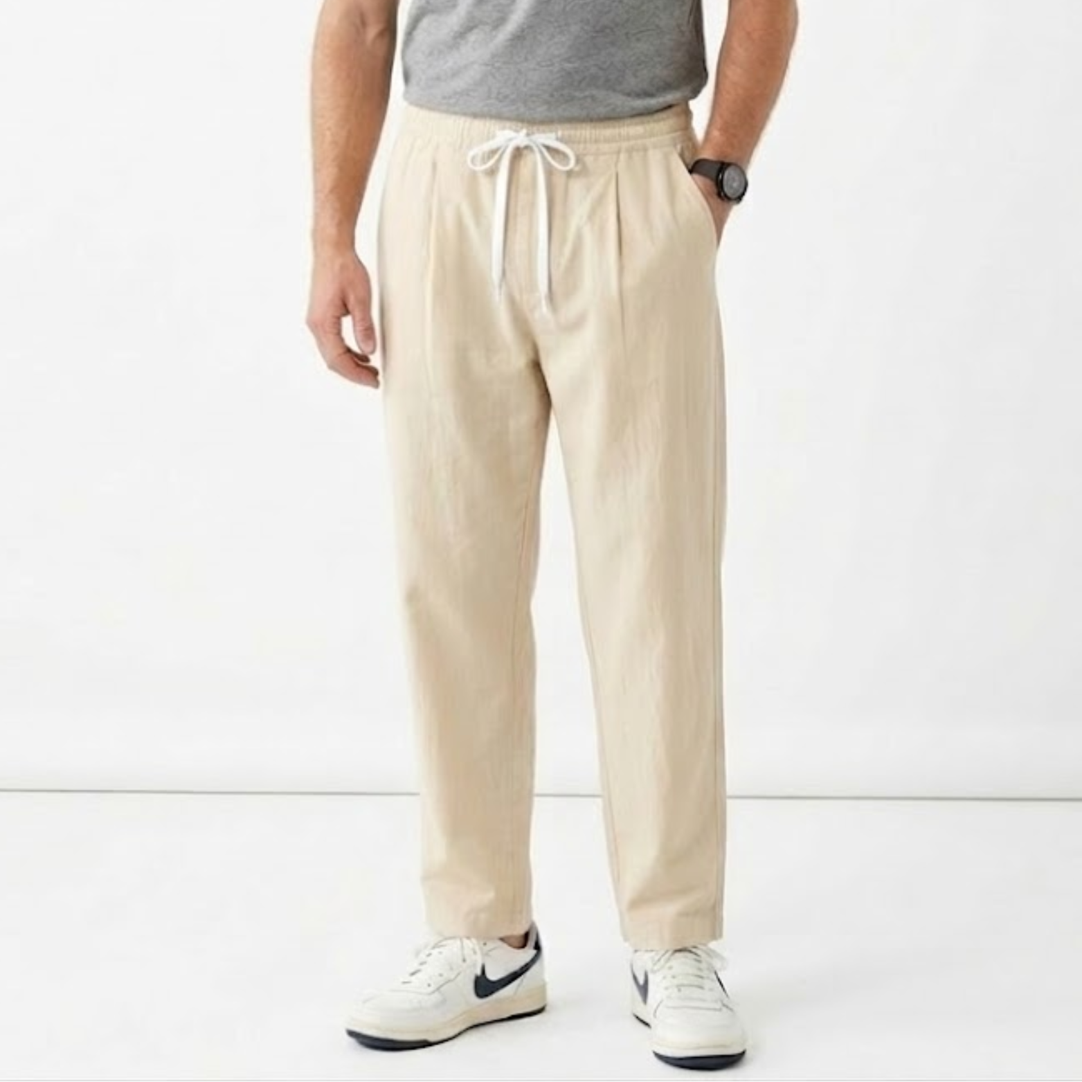 Pantalon Homme en Coton et Lin Coupe Large avec Taille Élastique et Cordon