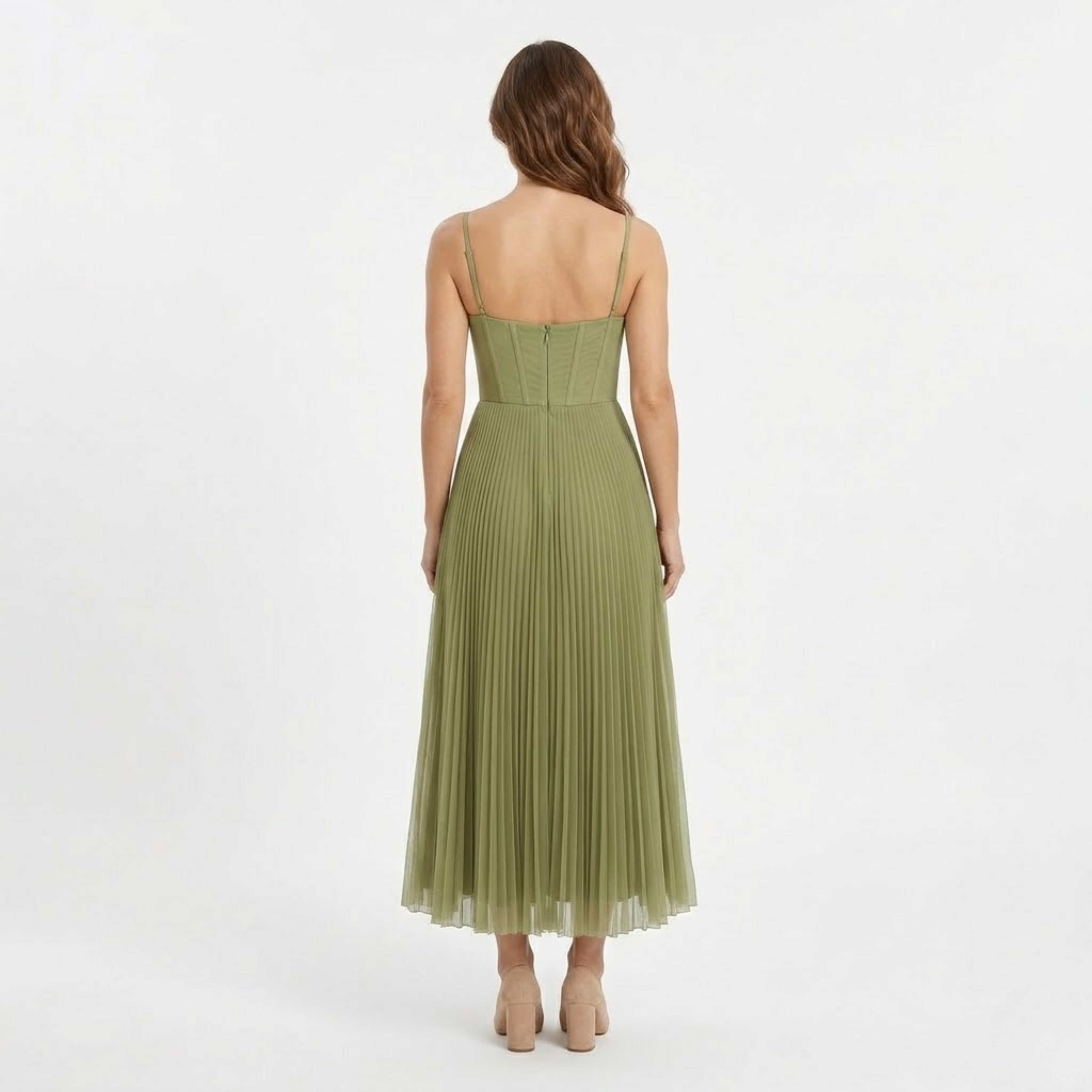 Robe Longue de Soirée Plissée avec Bustier à Bretelles et Fermeture Éclair Arrière