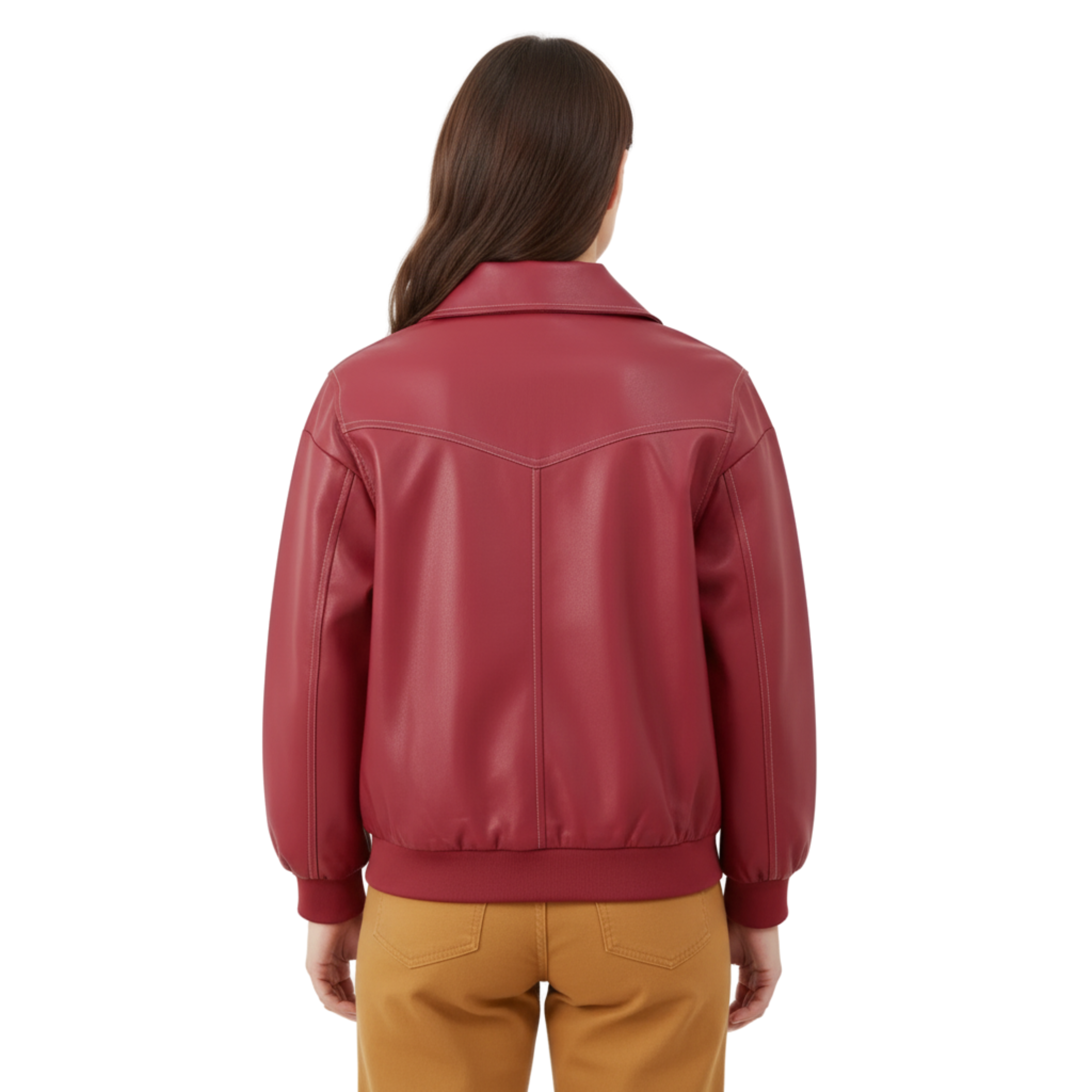 Blouson Bomber Oversize en Similicuir avec Coutures Contrastées pour Femme