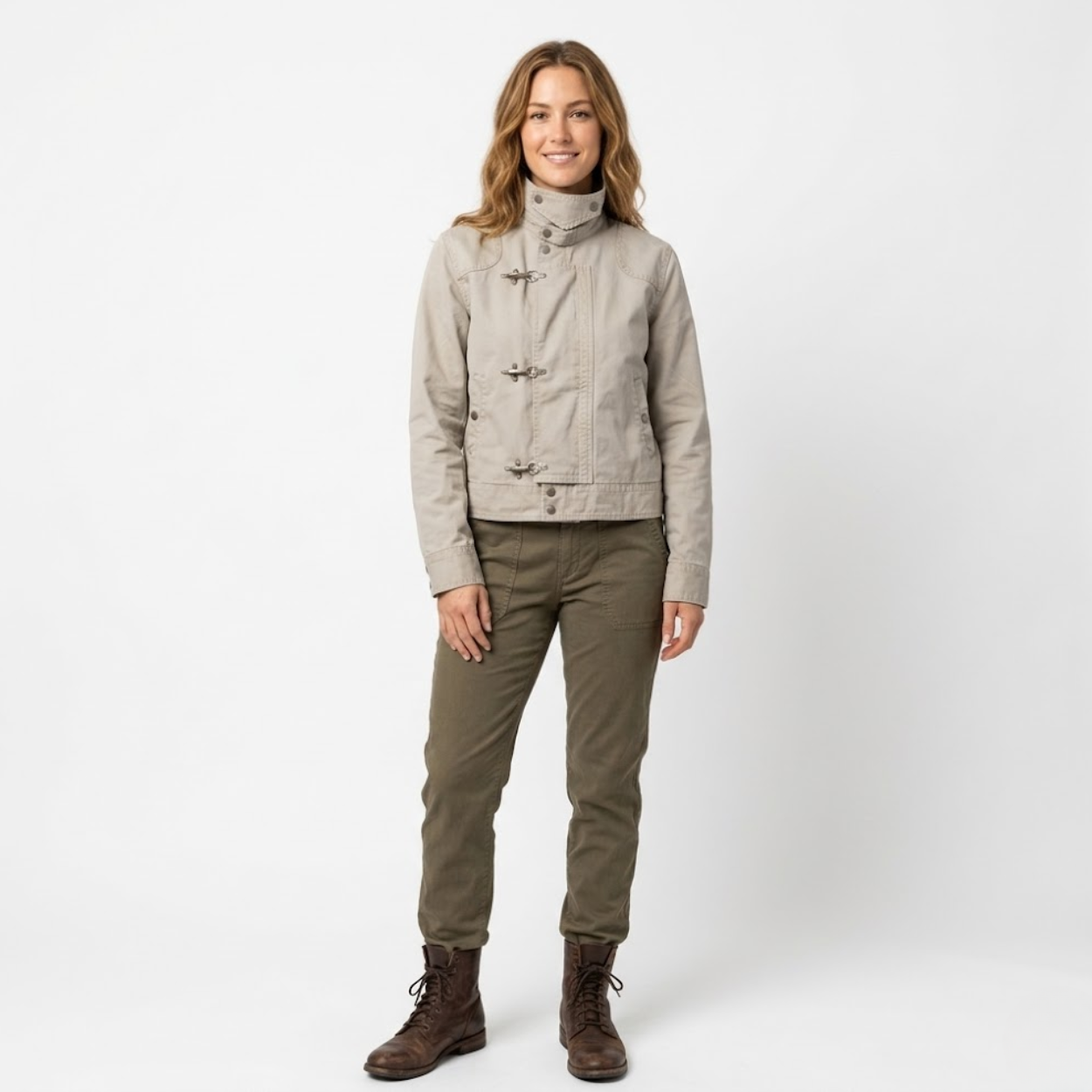 Blouson Court à Col Montant avec Boucles Métalliques et Coupe Large Unisexe