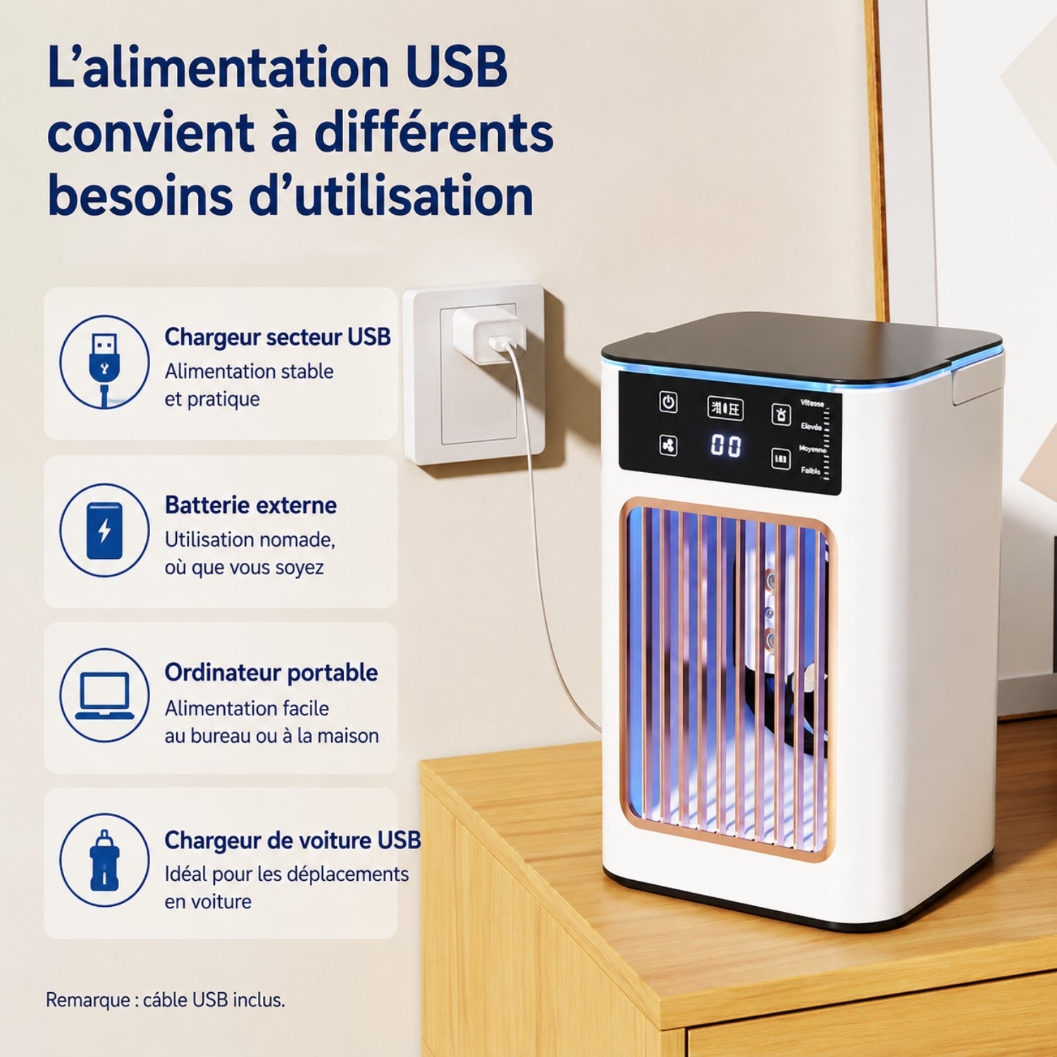 Enfriador de aire USB compacto con nebulización y 3 velocidades