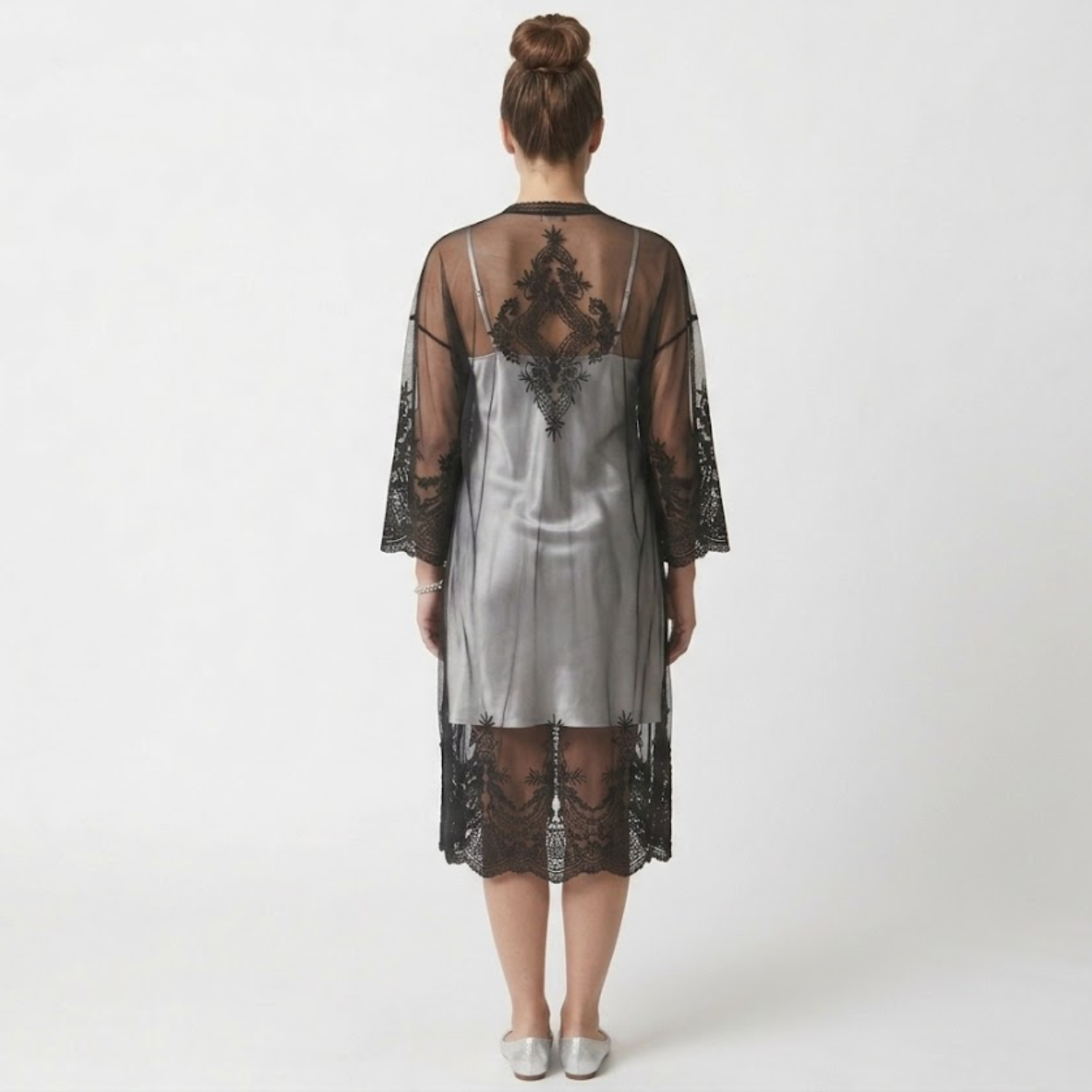 Kimono de encaje para mujer, cubrebaño abierto y transparente
