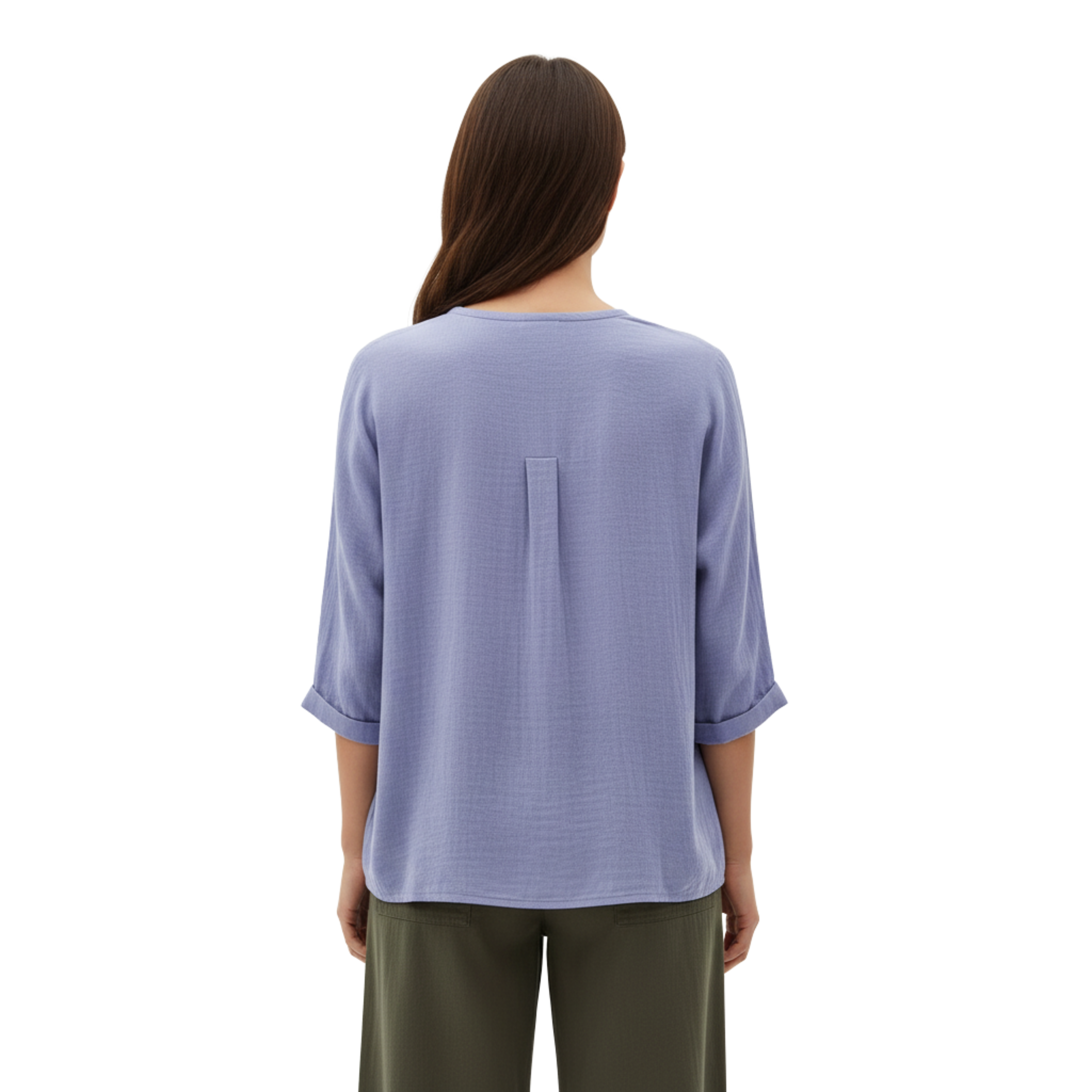 Női V-nyakú blúz gombokkal és 3/4-es ujjakkal, len- és pamutanyagból