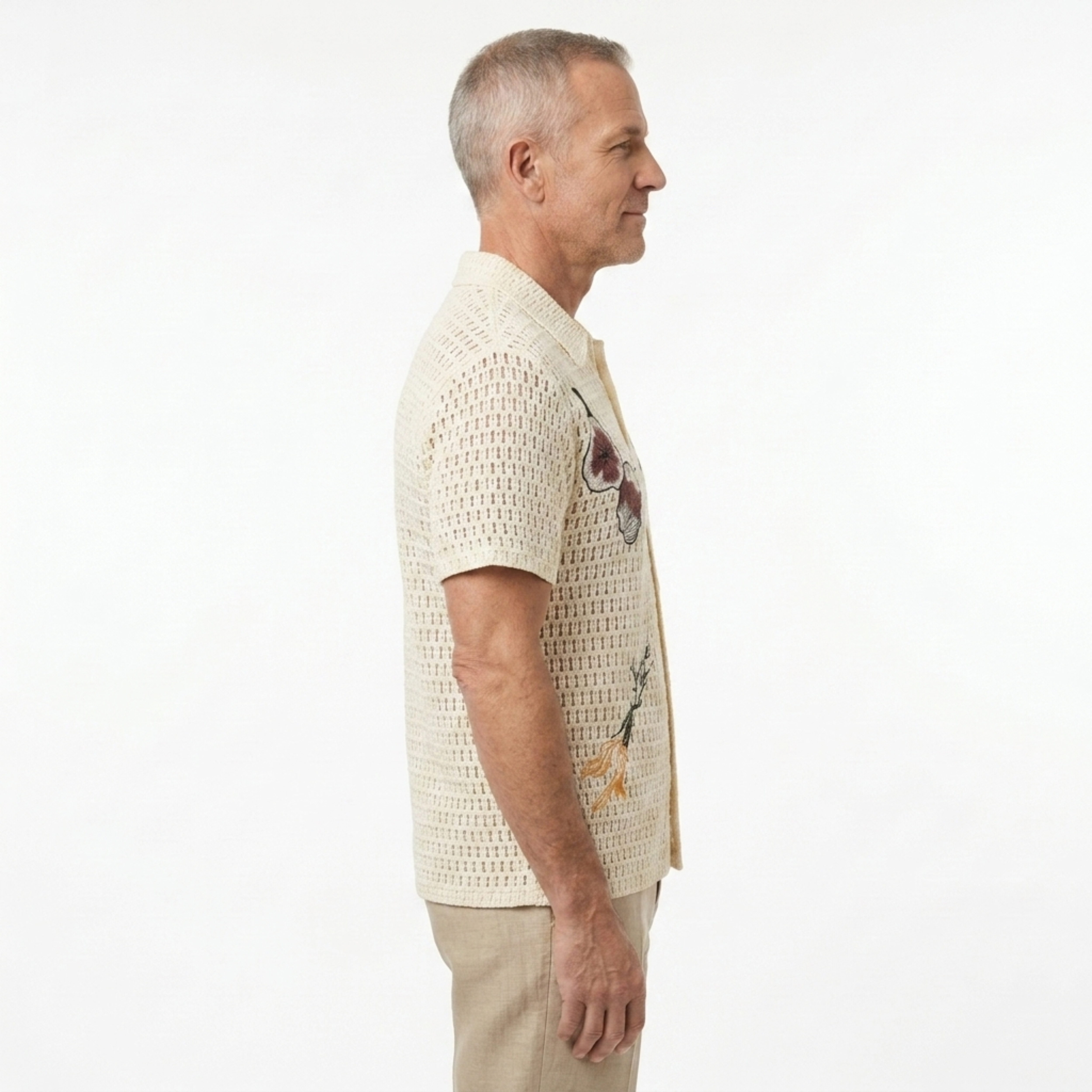 Men's crocheted polo — botanical embroidery — summer resort style