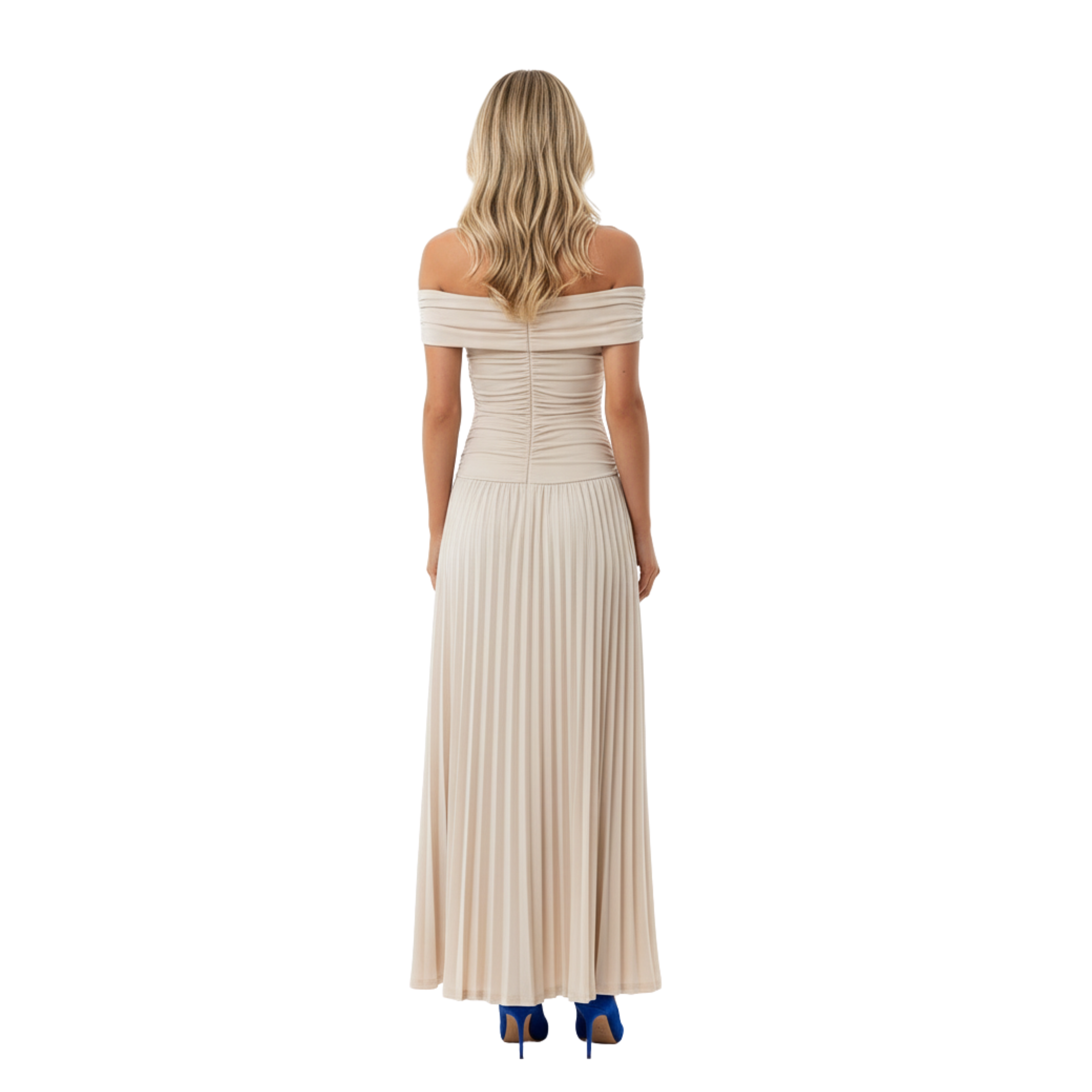 Vestido Longo Plissado com Ombros Descobertos e Costas Nuas para Mulher
