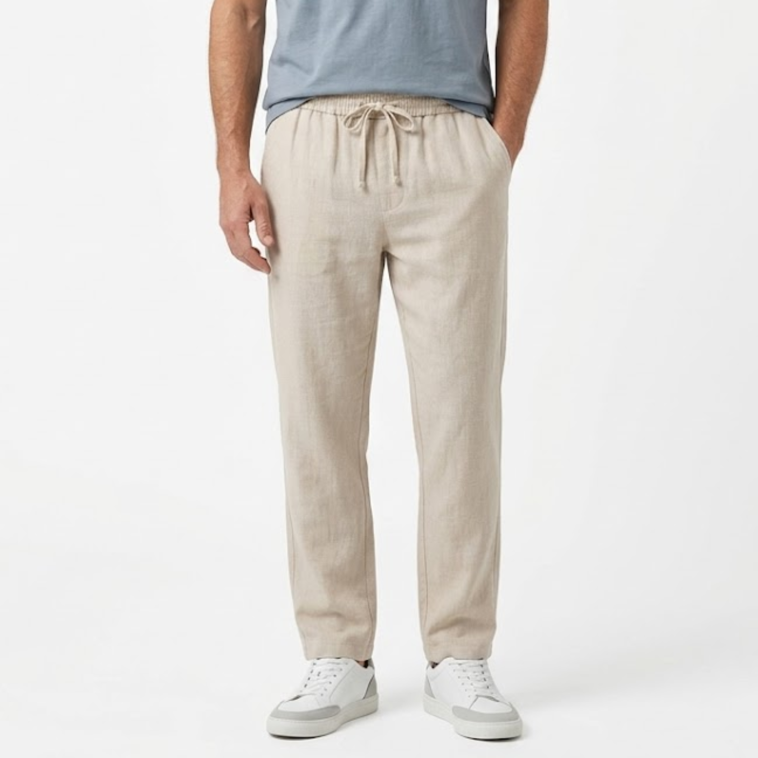 Pantalon Homme en Coton et Lin à Jambe Droite avec Taille Élastique et Cordon