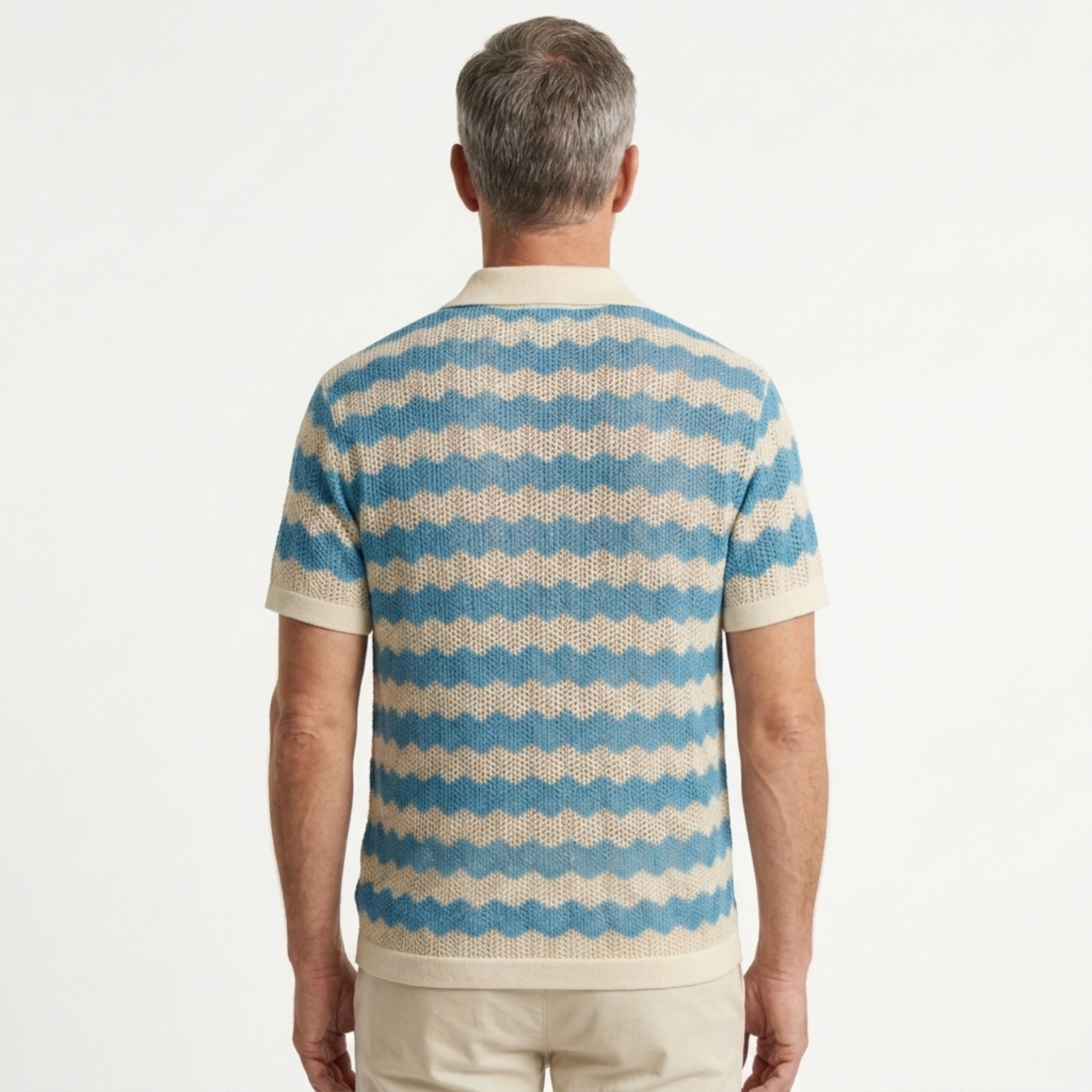 Polo da uomo in maglia — righe jacquard verticali — stile vintage resort