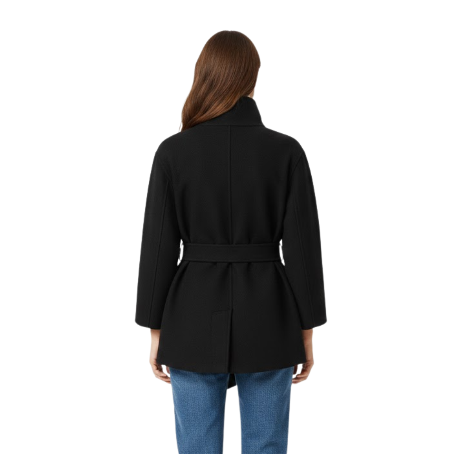 Női műszőrme kabát álló gallérral és övvel, meleg, elegáns dzseki