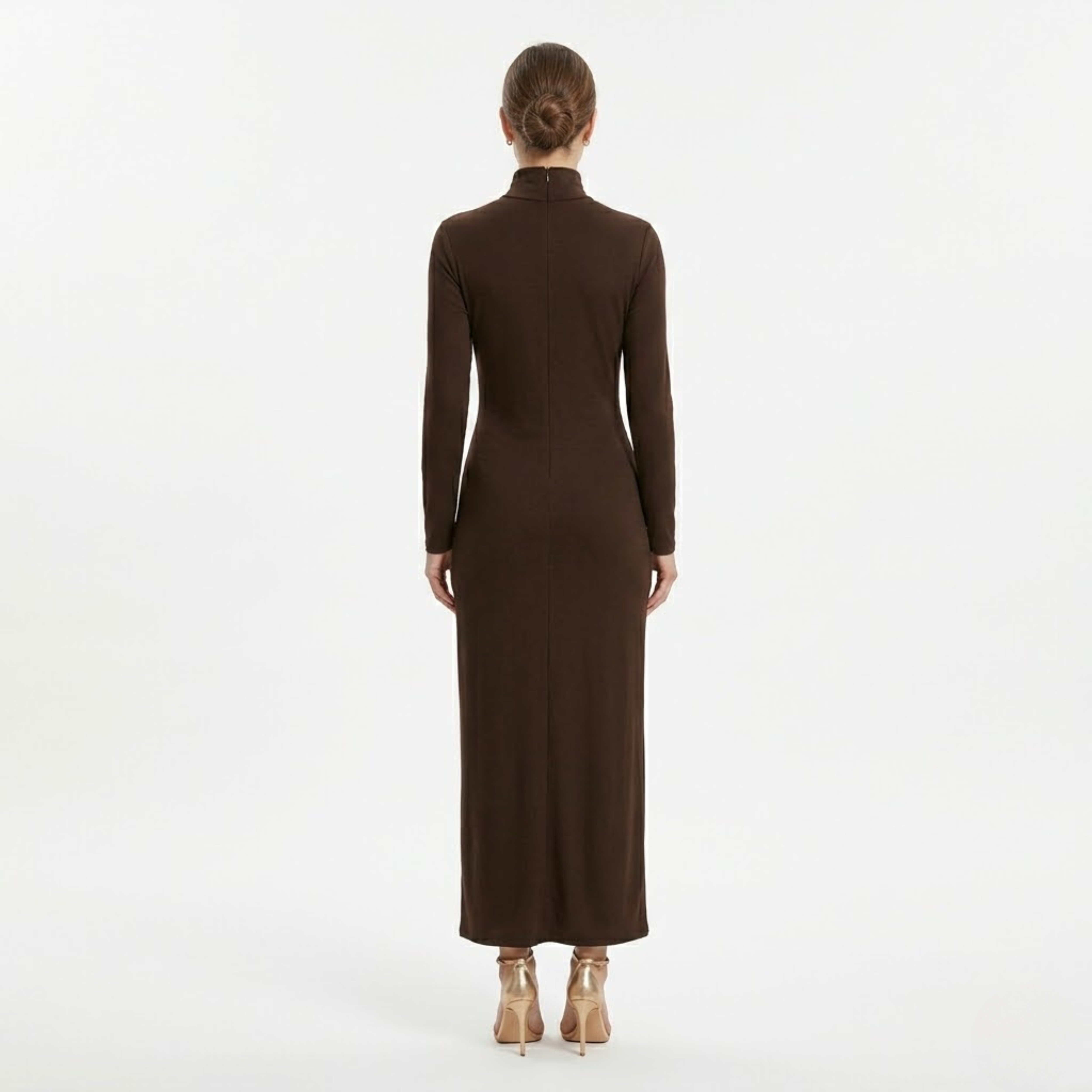 Robe Longue Moulante à Col Montant avec Fronces et Fente Latérale