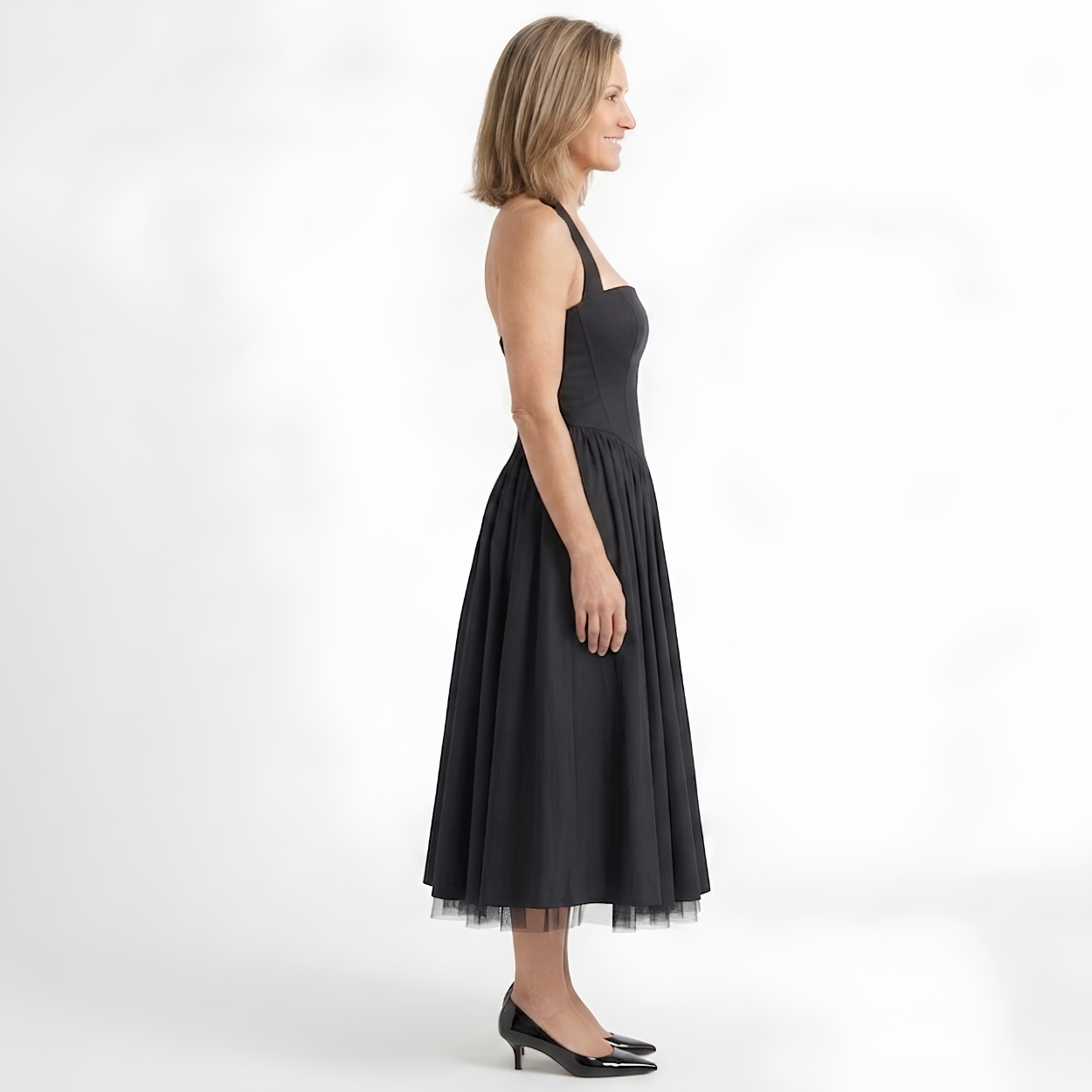 Midi trapeze dress with open back and fitted waist for women, elegant