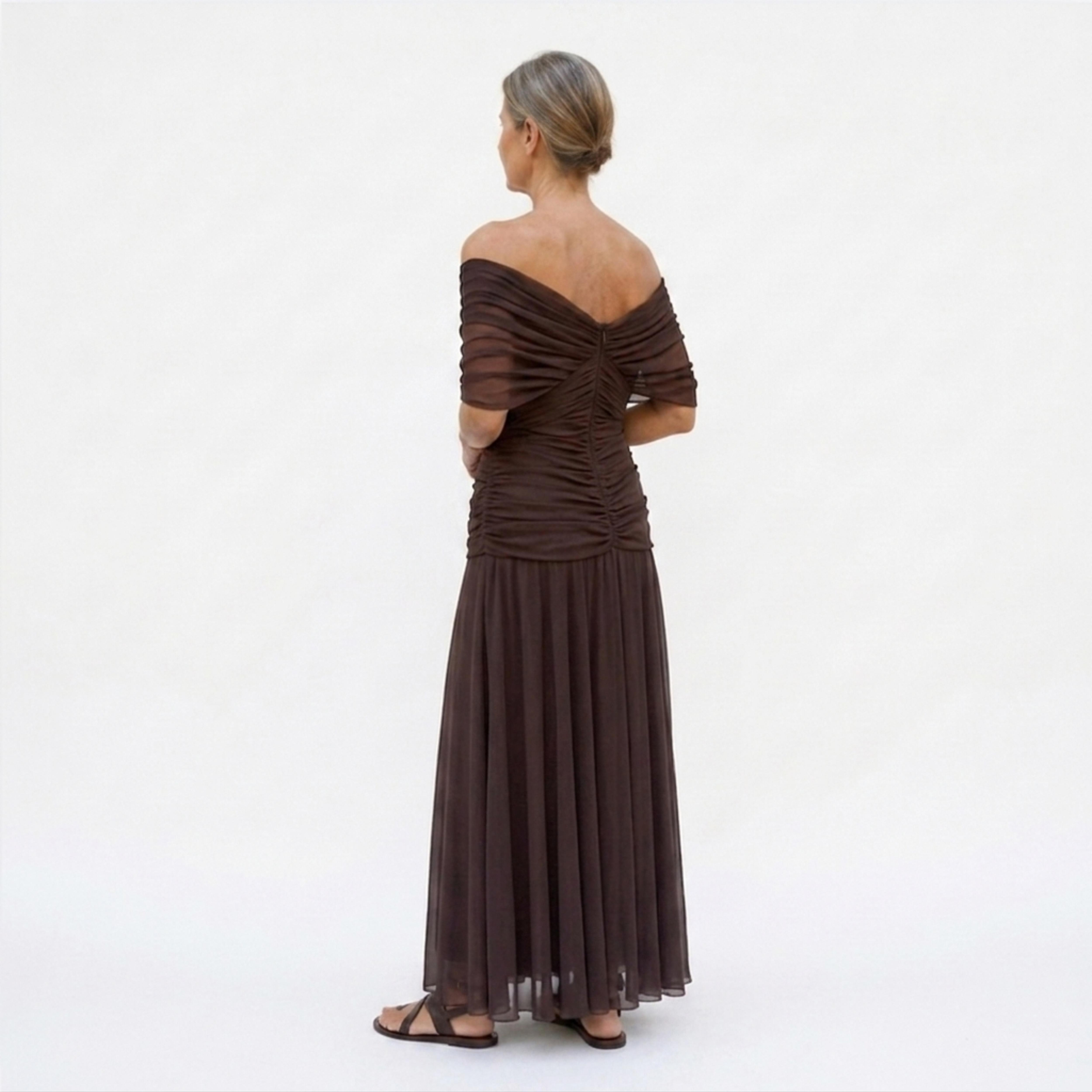 Flared maxi dress — V-neck and flutter sleeves — ceremony