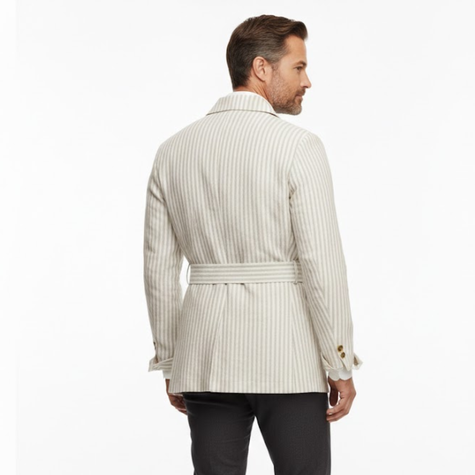 Gestreifte Safari-Jacke für Herren mit Gürtel und vier aufgesetzten Taschen