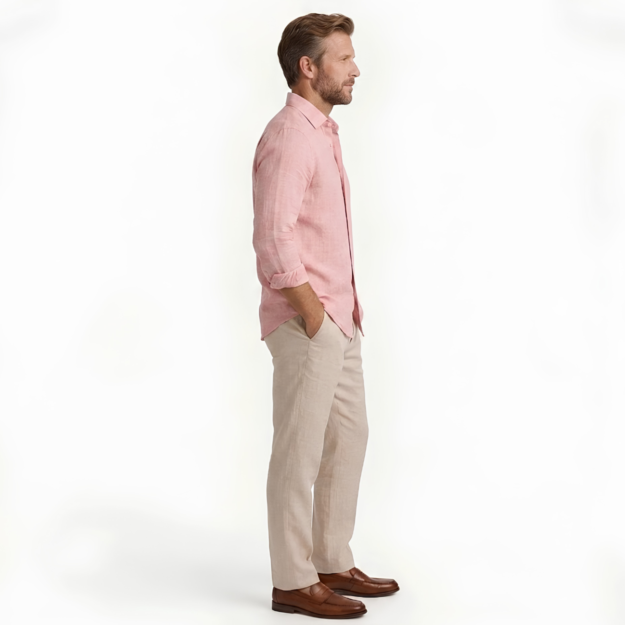 Men's Long-Sleeve Linen Shirt with Classic Collar and Relaxed Fit