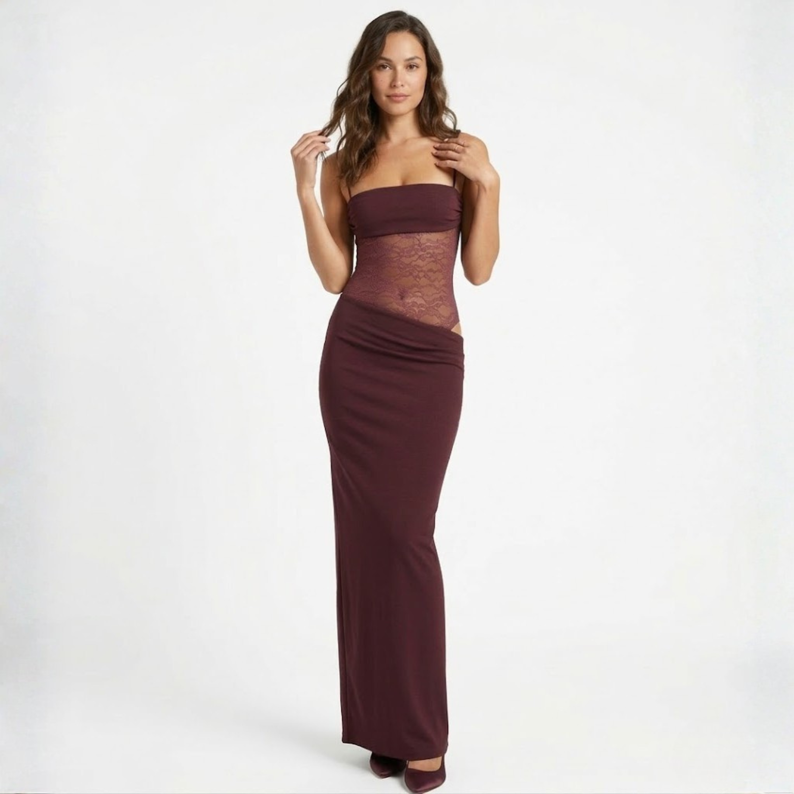 Robe Longue de Soirée Ajustée à Bustier en Dentelle et Bretelles pour Femmes