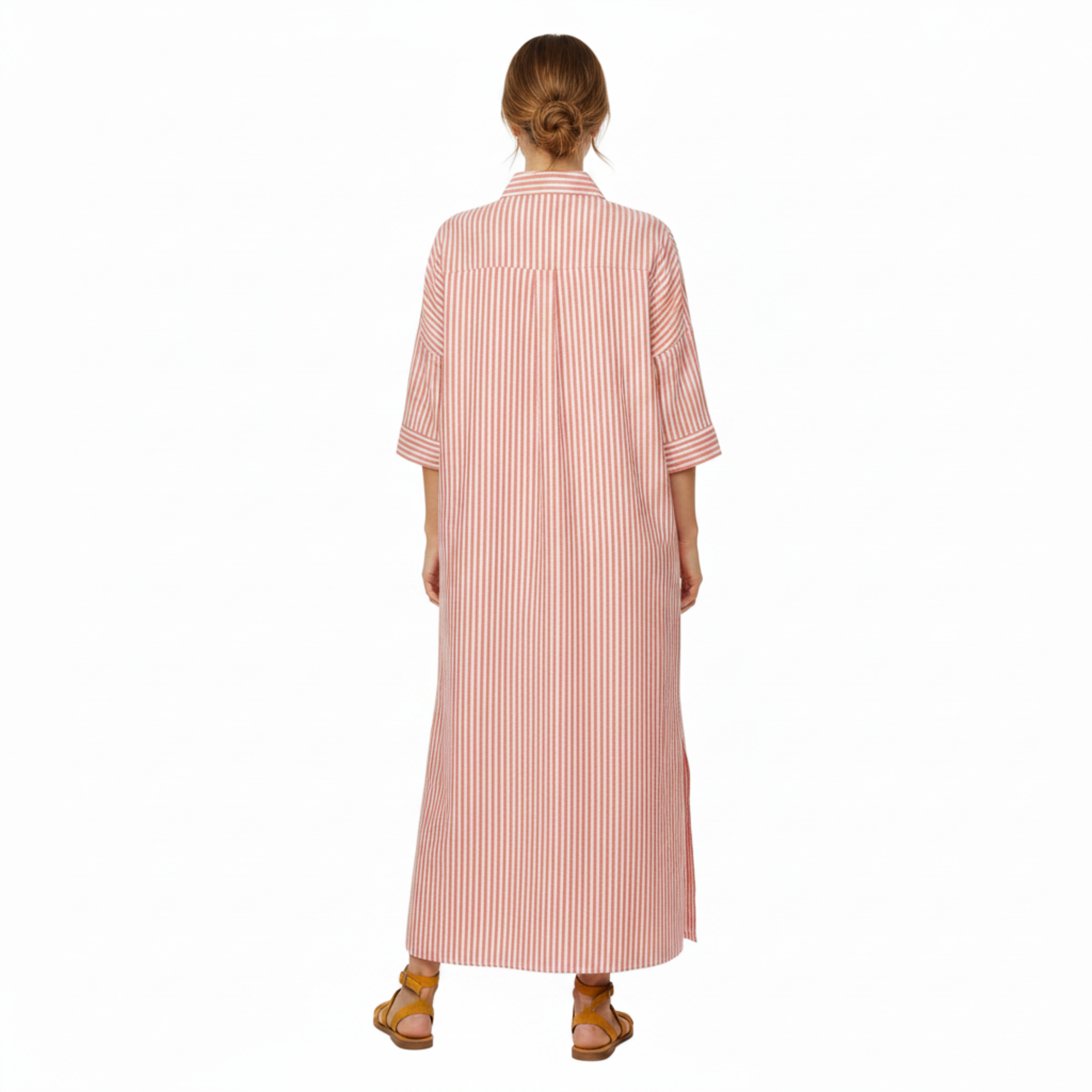 Vestito camicia a righe midi con colletto classico e maniche a tre quarti