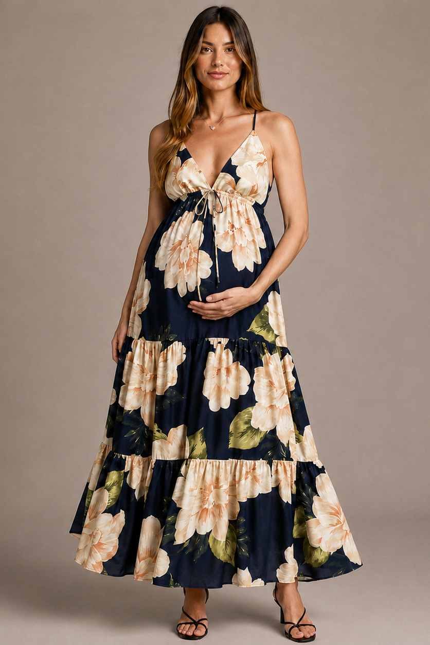 Vestido largo floral para embarazo con escote en V y espalda abierta