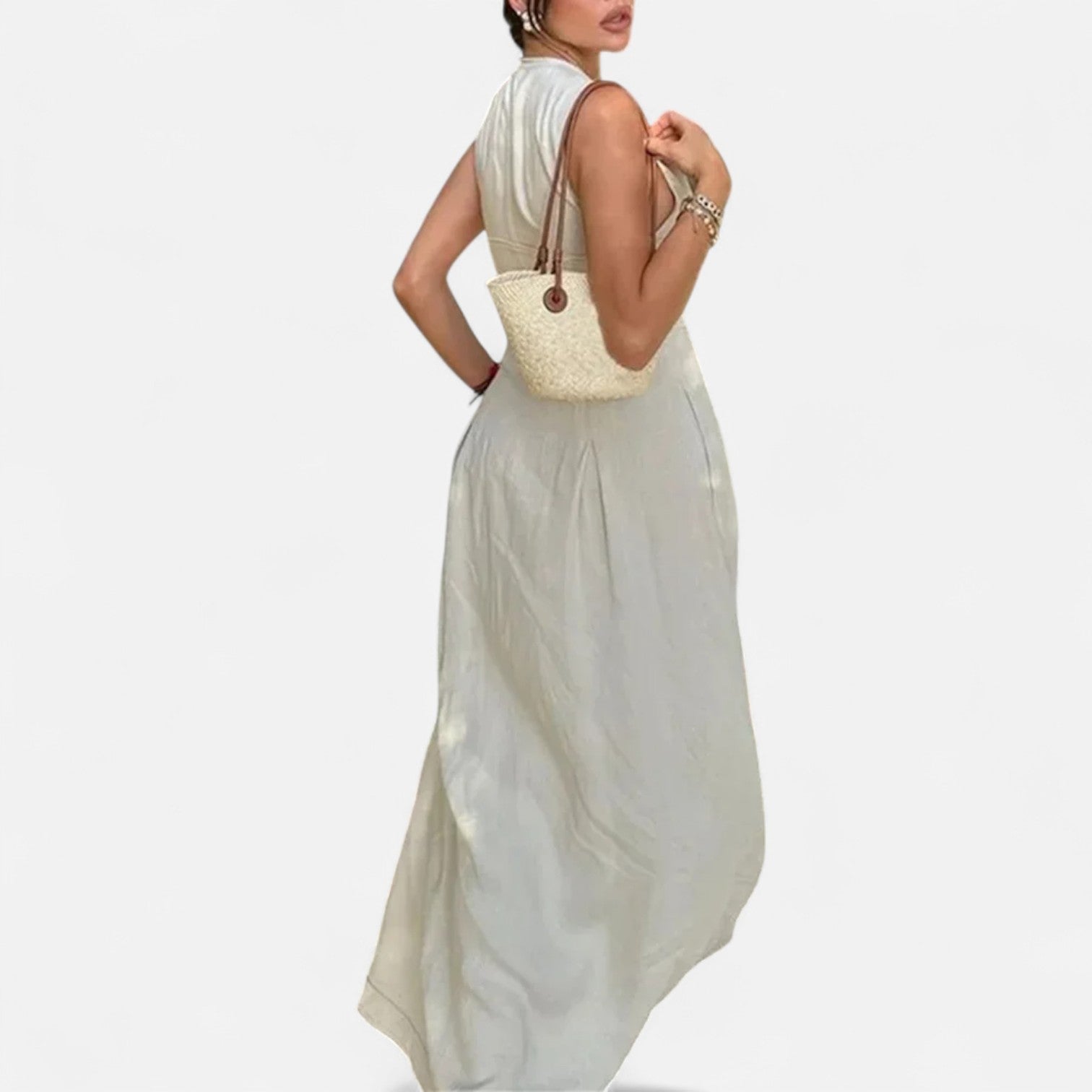 Ancienne Monde | Robe Midi Plissée Cintrée pour Femme – Élégance d’Été Sans Manches avec Fermeture Zippée