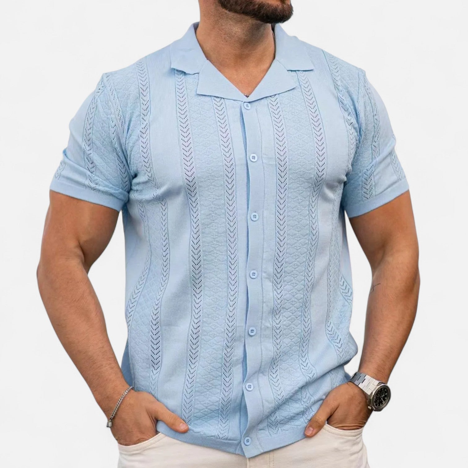Ancienne Monde | Chemise en Maille Rayée Patchwork pour Homme – Texture Contemporaine