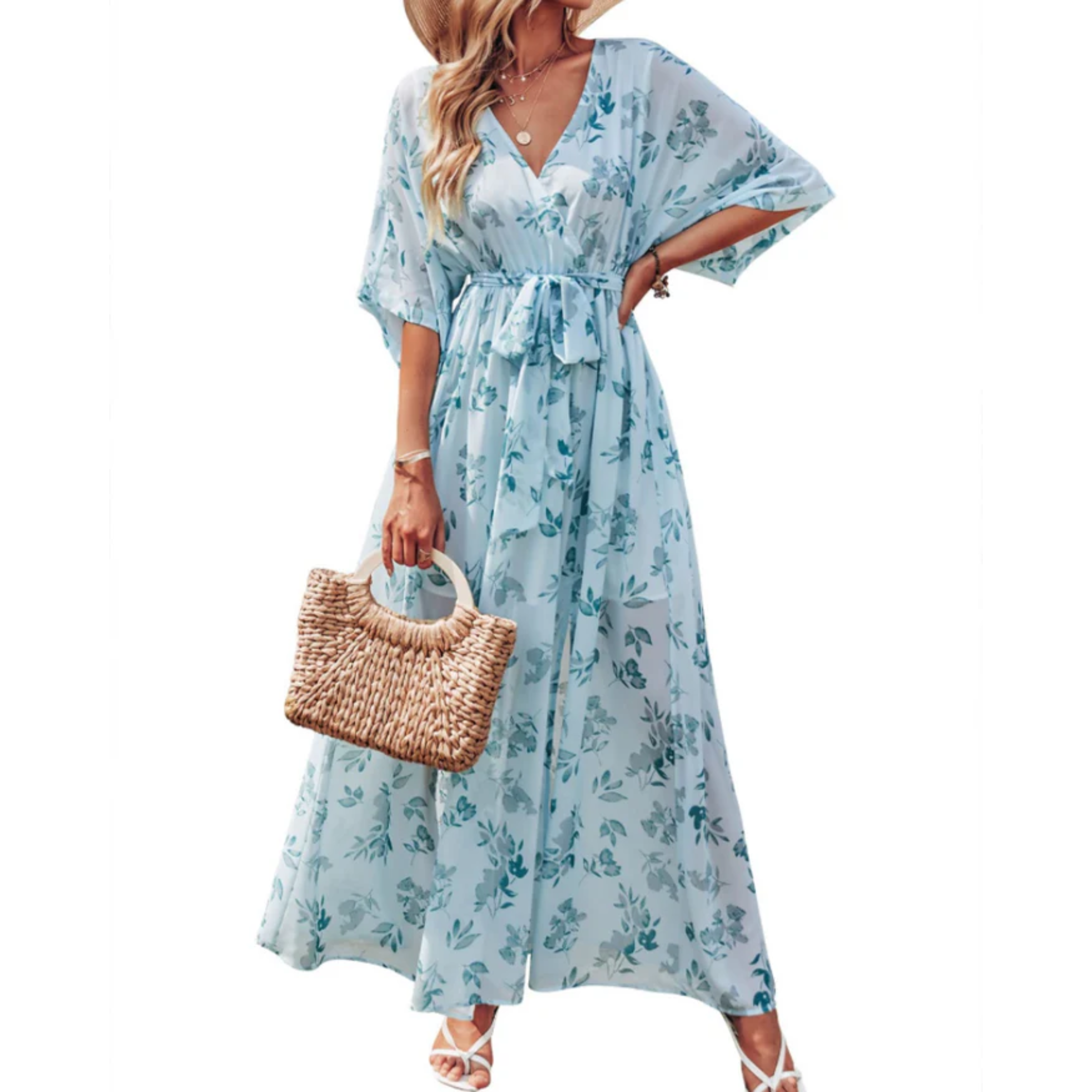 Maxi kimono kjole med blomster — boheme stil — sommerferie