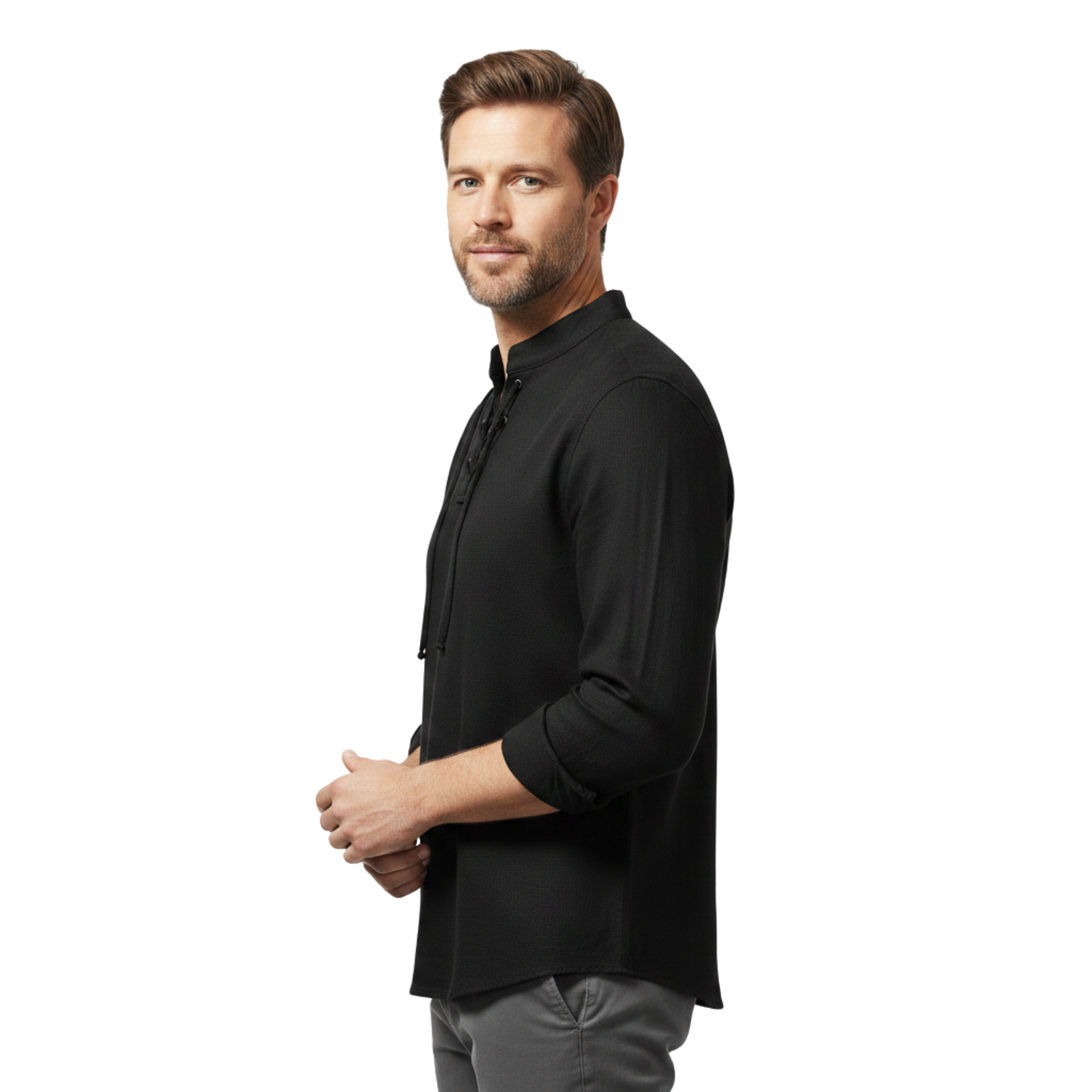 Camisa de lino para hombre con cierre de cordones y mangas largas corte ajustado