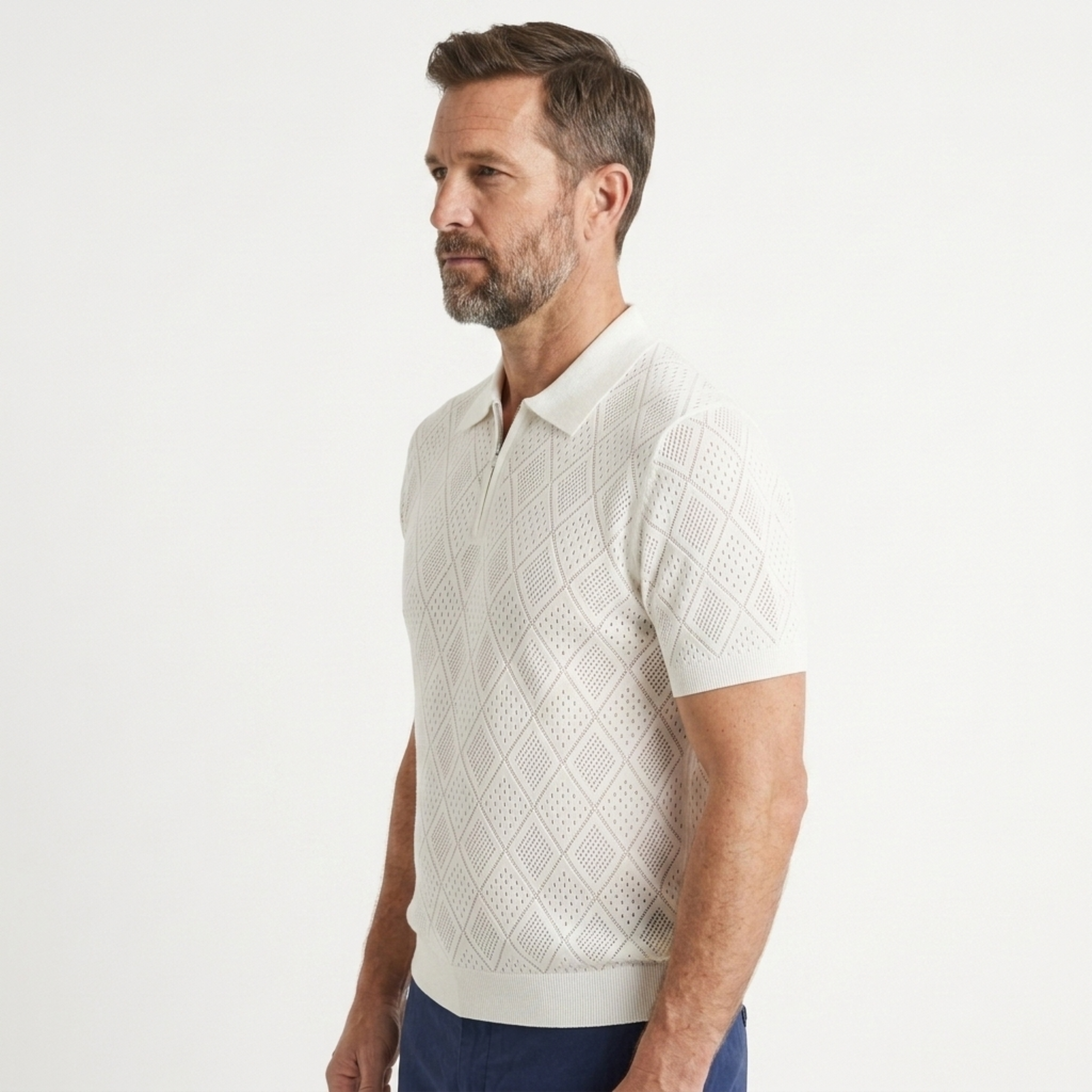 Polo masculino em malha aberta com fecho éclair — viagem