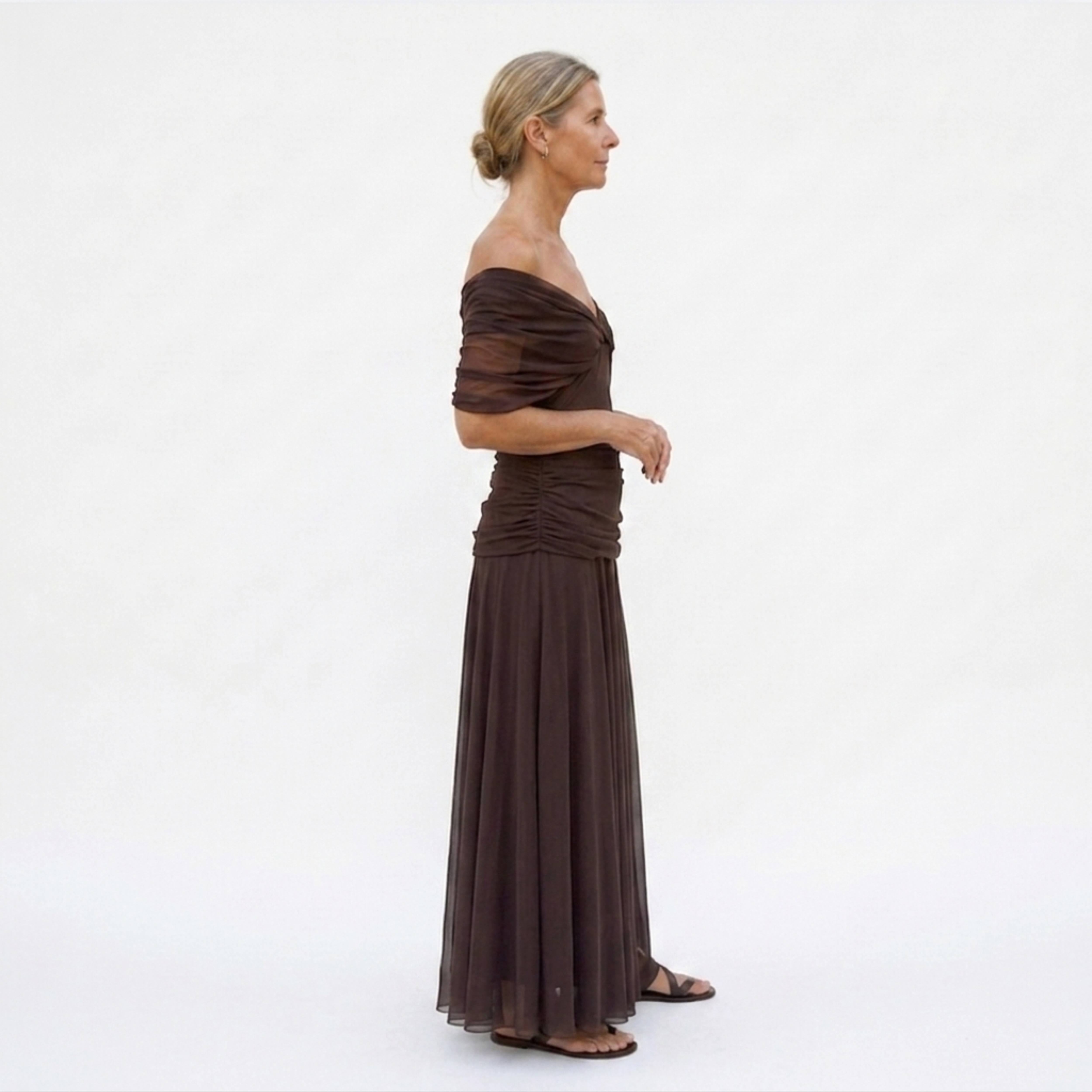 Flared maxi dress — V-neck and flutter sleeves — ceremony