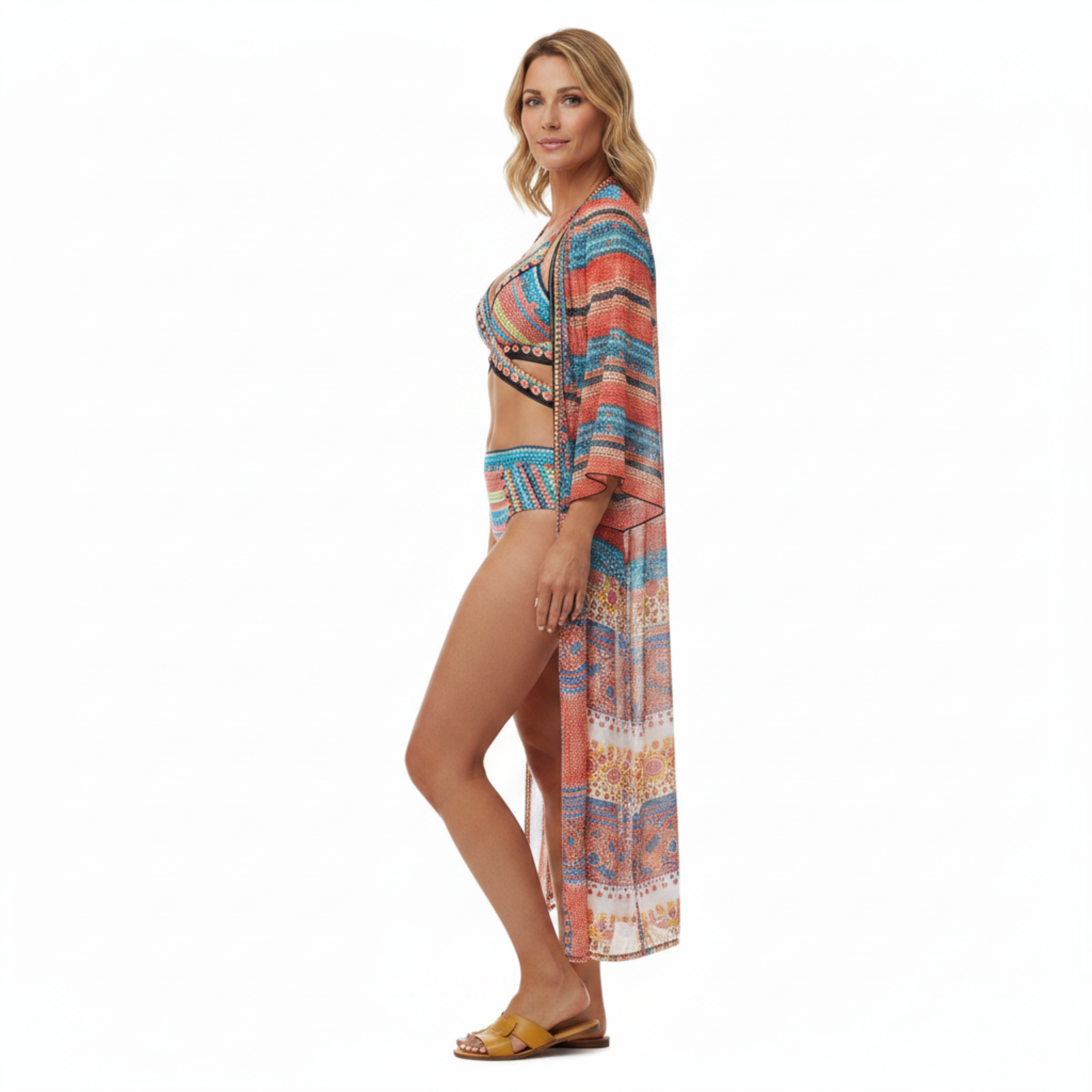 Conjunto de Banho 3 Peças com Cueca de Cintura Alta e Kimono Beach Cover Up