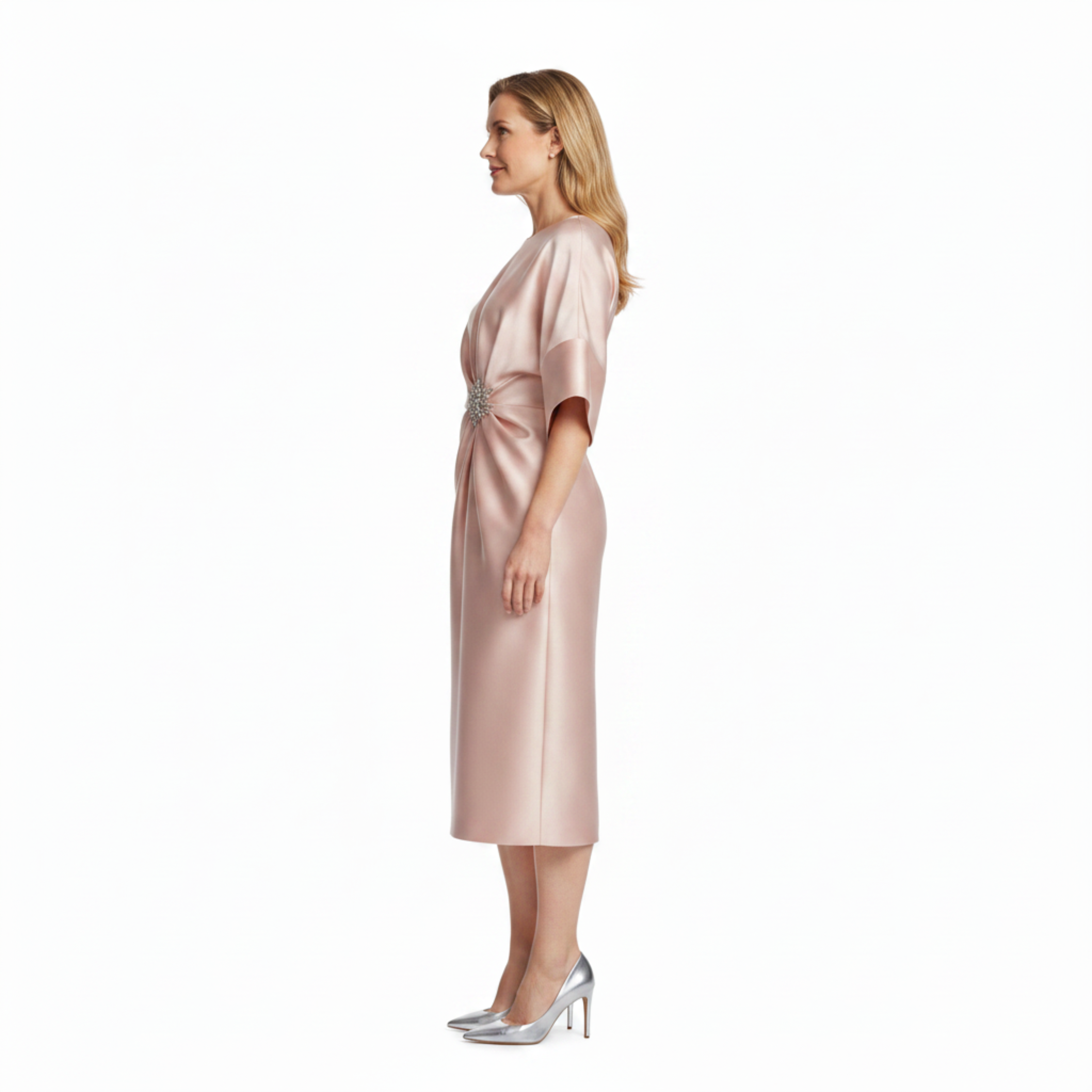 Vestido de Noche Midi Satinado para Invitada de Boda con Mangas Murciélago