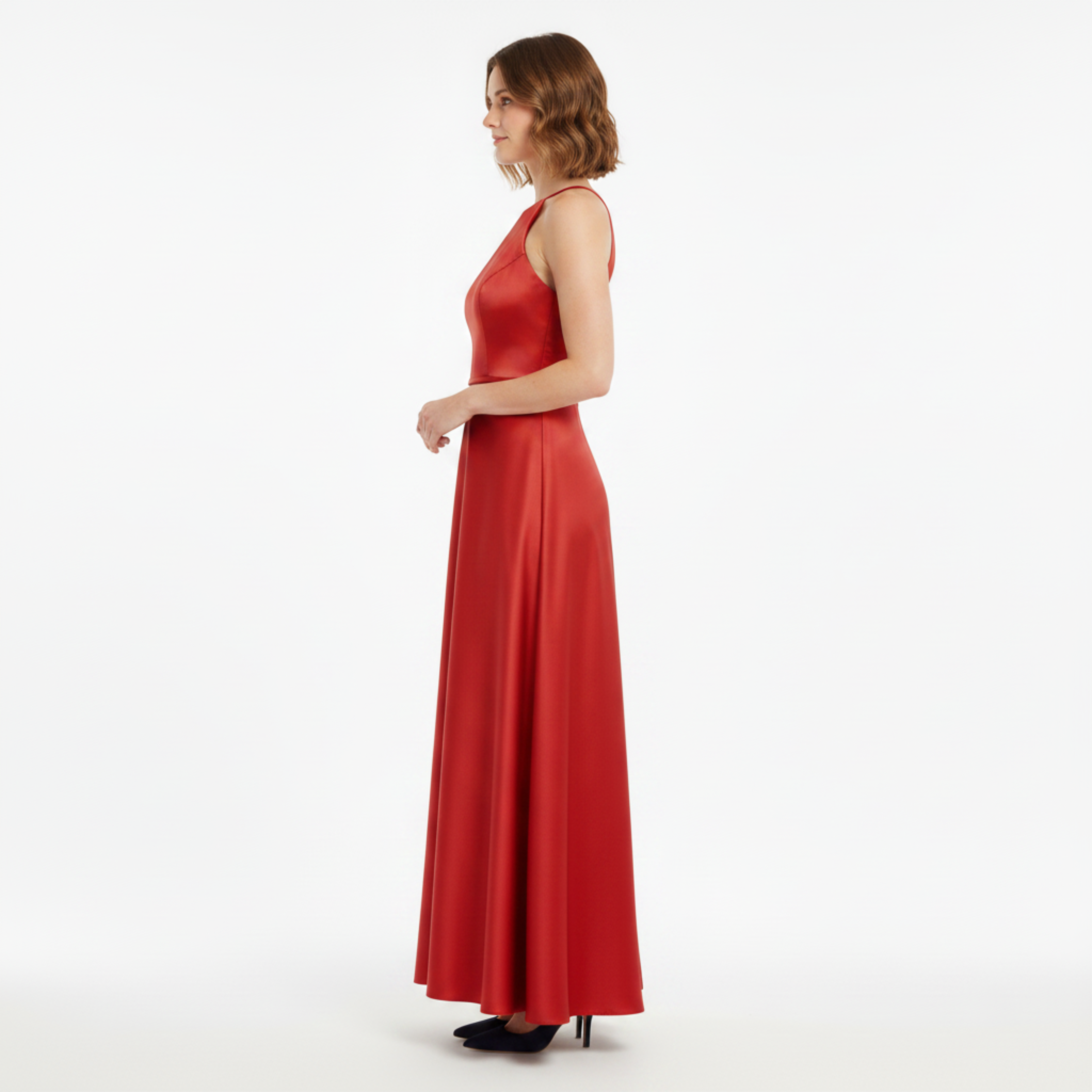 Vestido de ceremonia para mujer en satén brillante corte evasé con espalda descubierta
