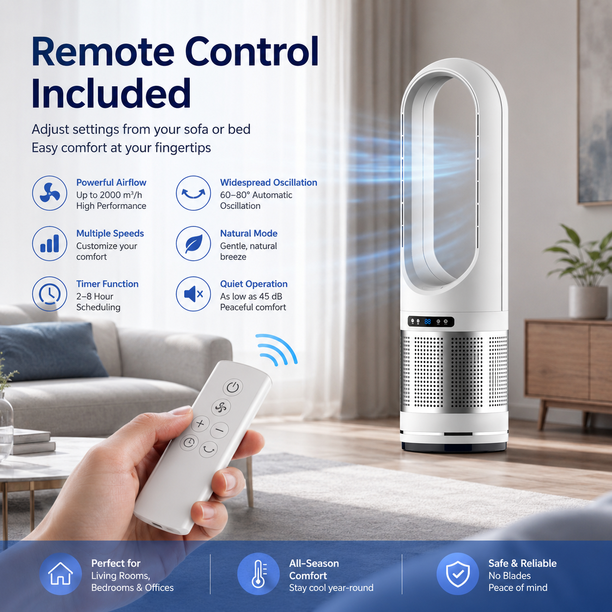 Ventilador de columna sin aspas con control remoto y oscilación