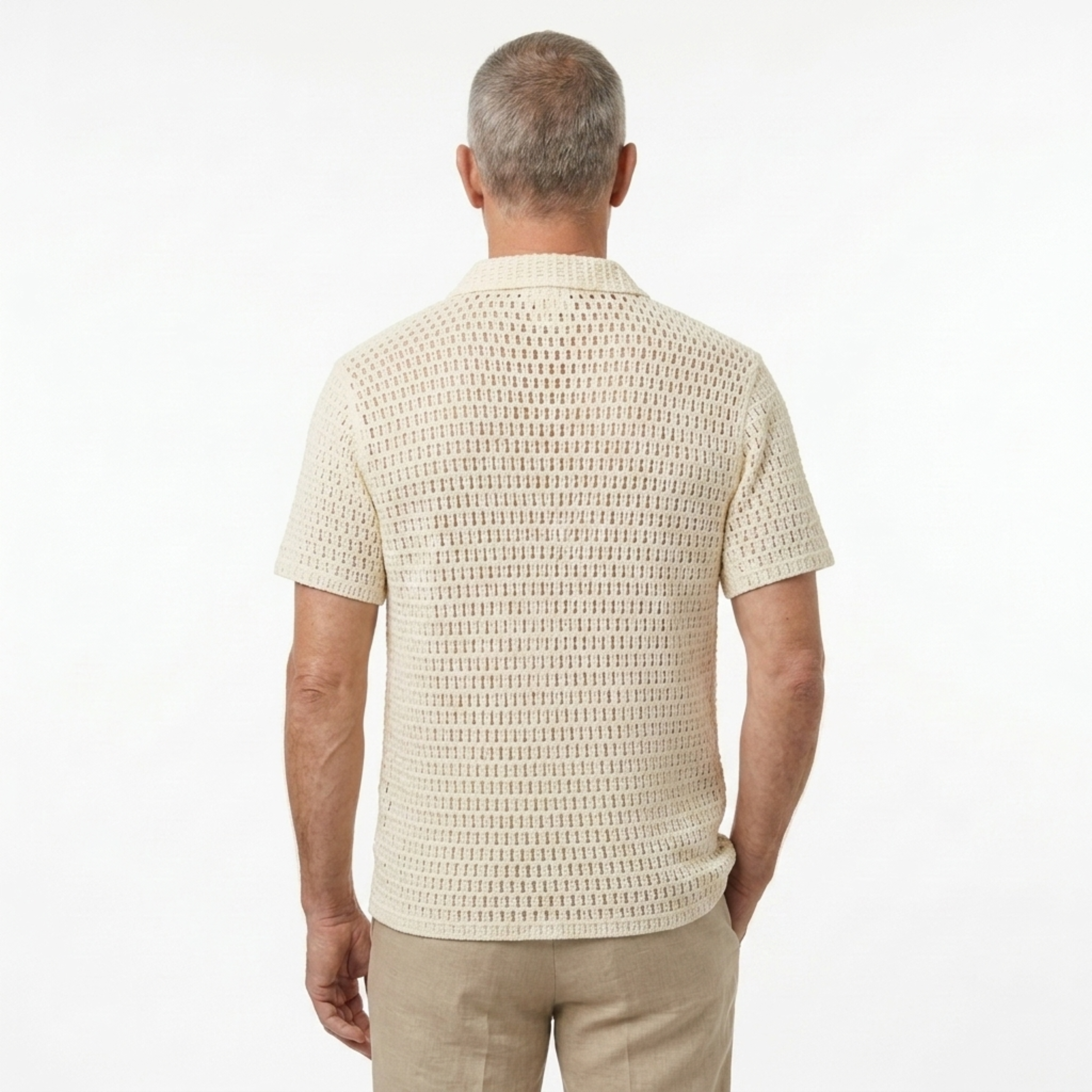 Men's crocheted polo — botanical embroidery — summer resort style