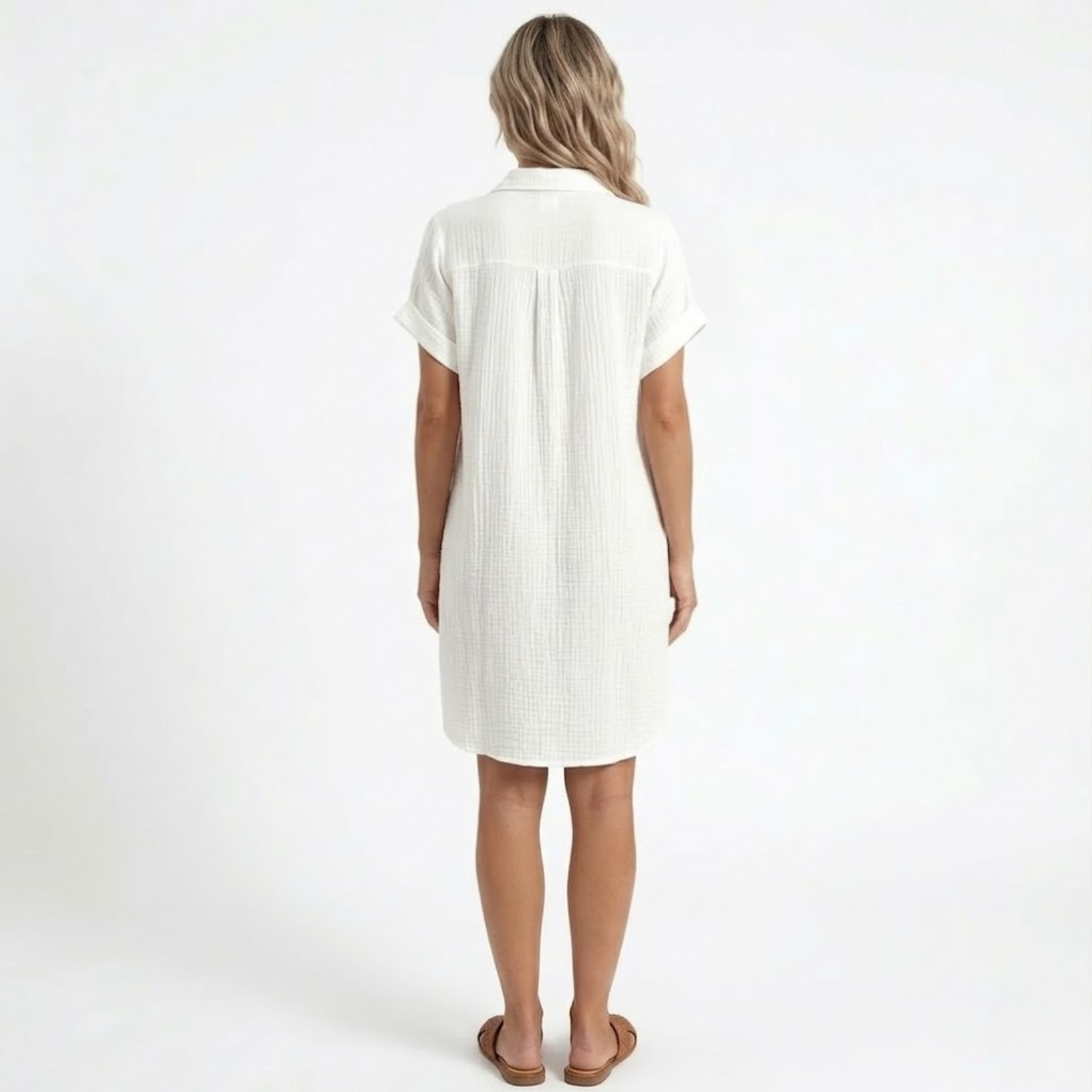 Robe Courte en Coton et Lin avec Col en V et Manches Trois-Quarts pour Femmes