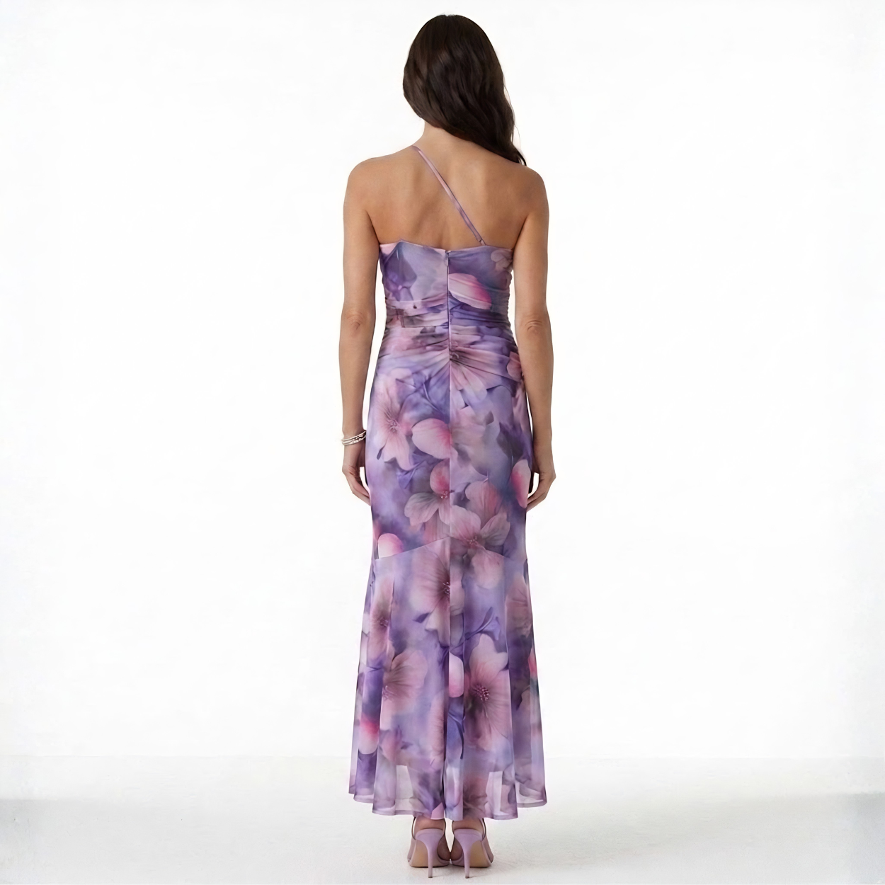 Robe Maxi Asymétrique à Imprimé Floral avec Fronces et Ourlet Queue de Poisson