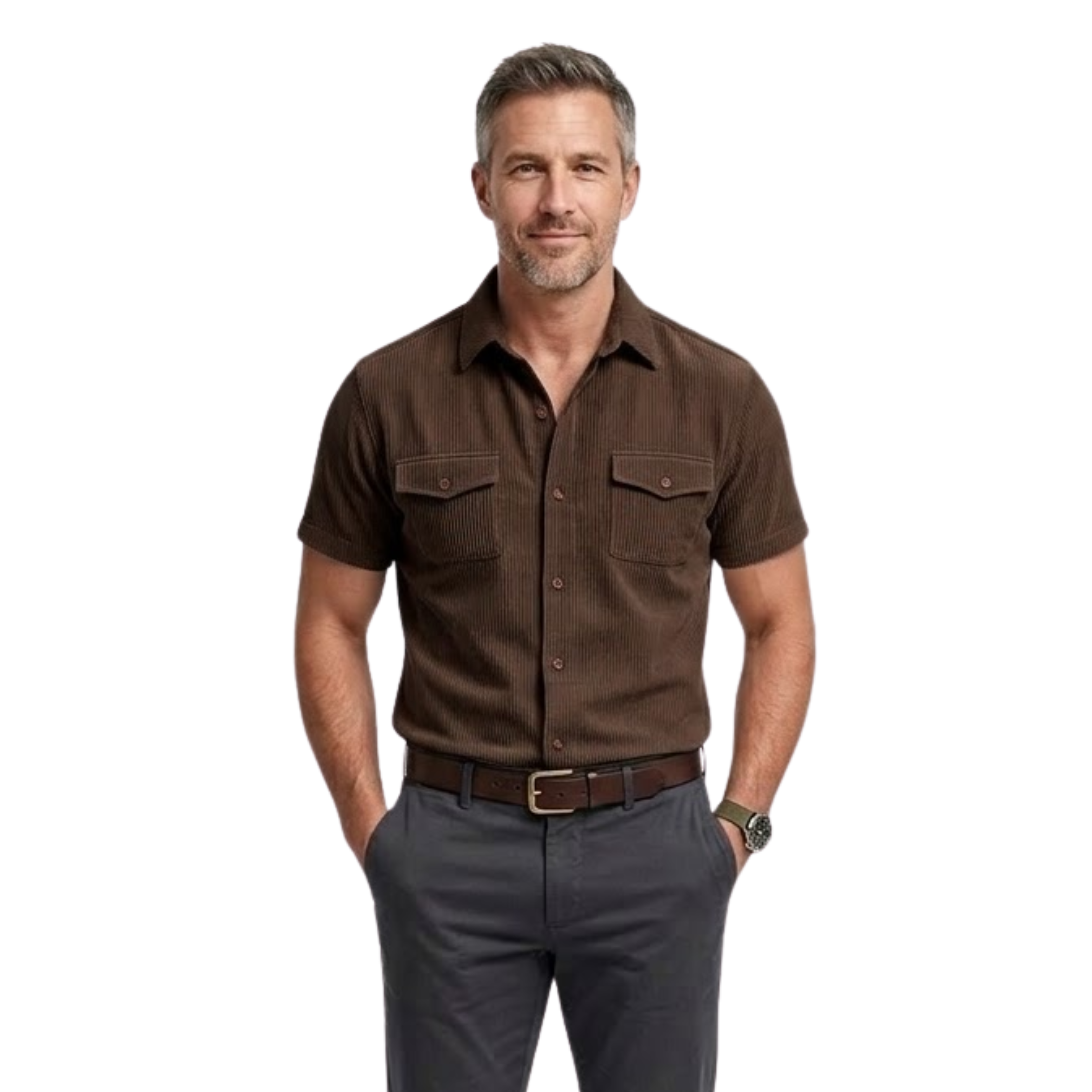 Camicia cargo da uomo in velluto a coste a maniche corte con tasche sul petto