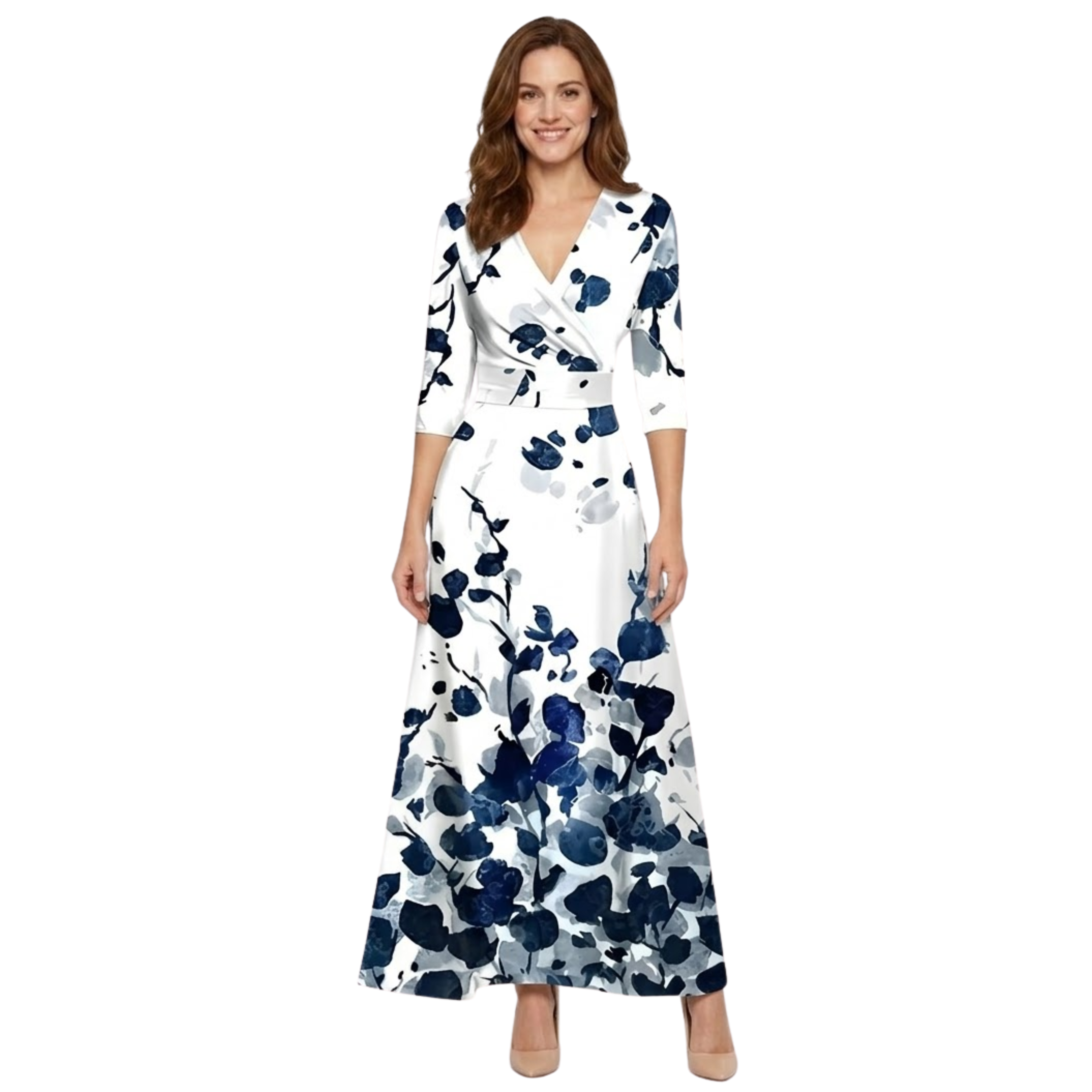 Long Floral Dress with V-Neck, Long Sleeves, and Flowing Fit