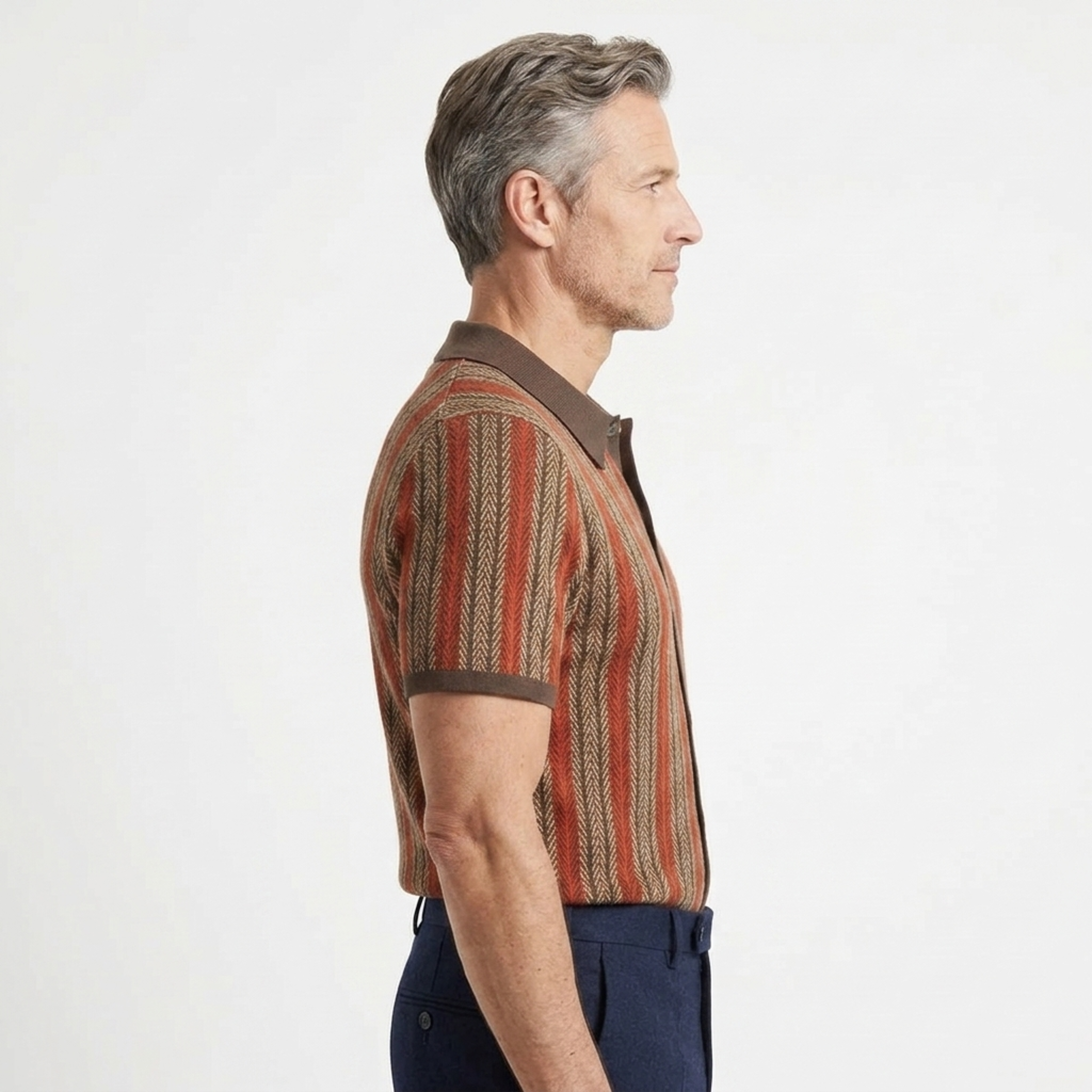 Men's knit polo — vertical stripes — casual resort style
