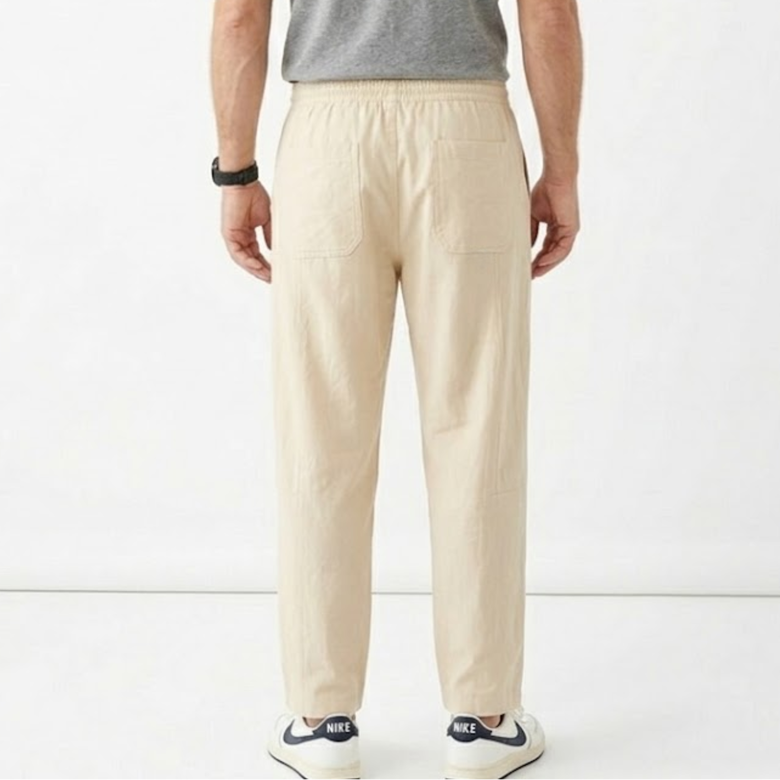 Pantalon Homme en Coton et Lin Coupe Large avec Taille Élastique et Cordon