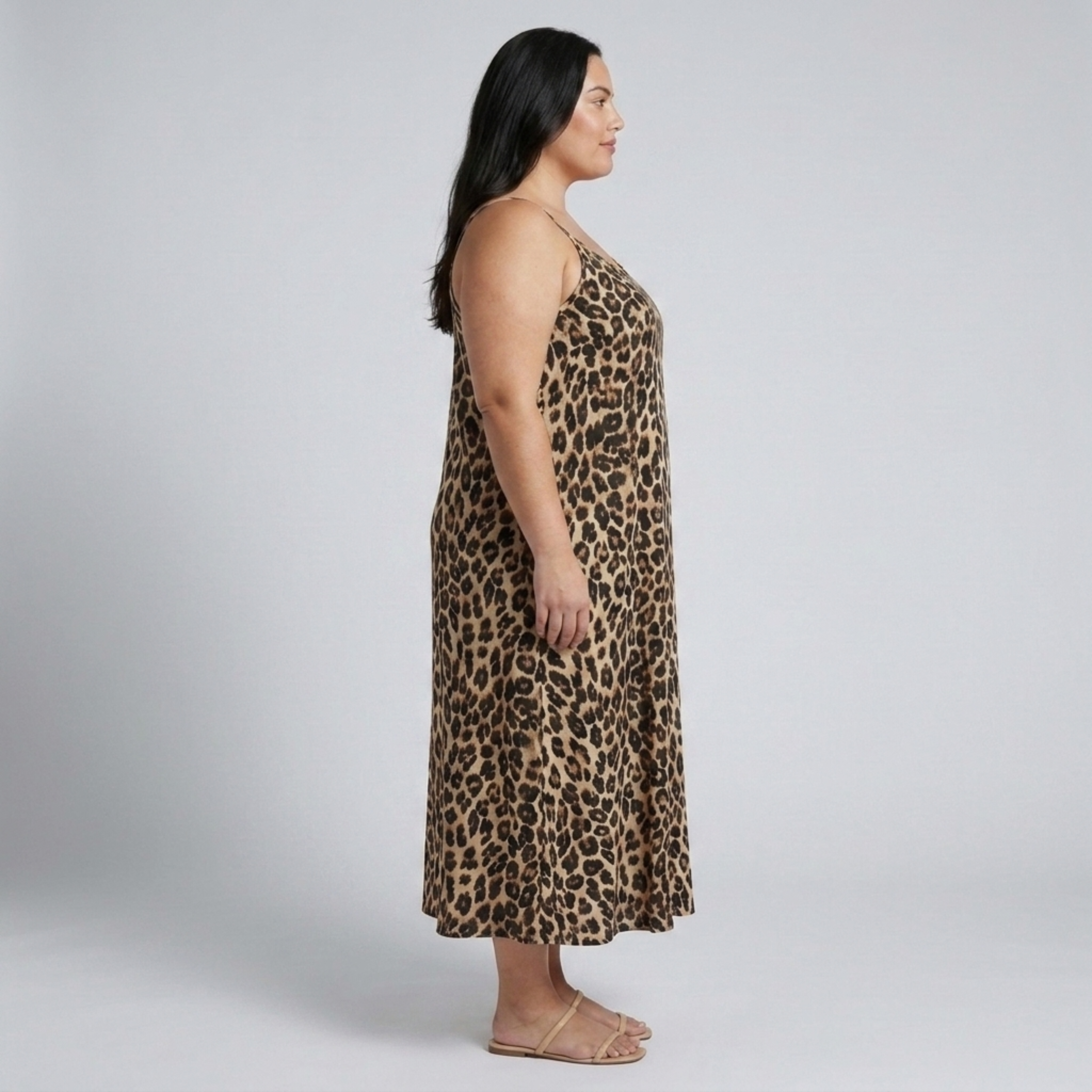 Rochie lungă mărime mare pentru femei cu bretele, imprimeu leopard