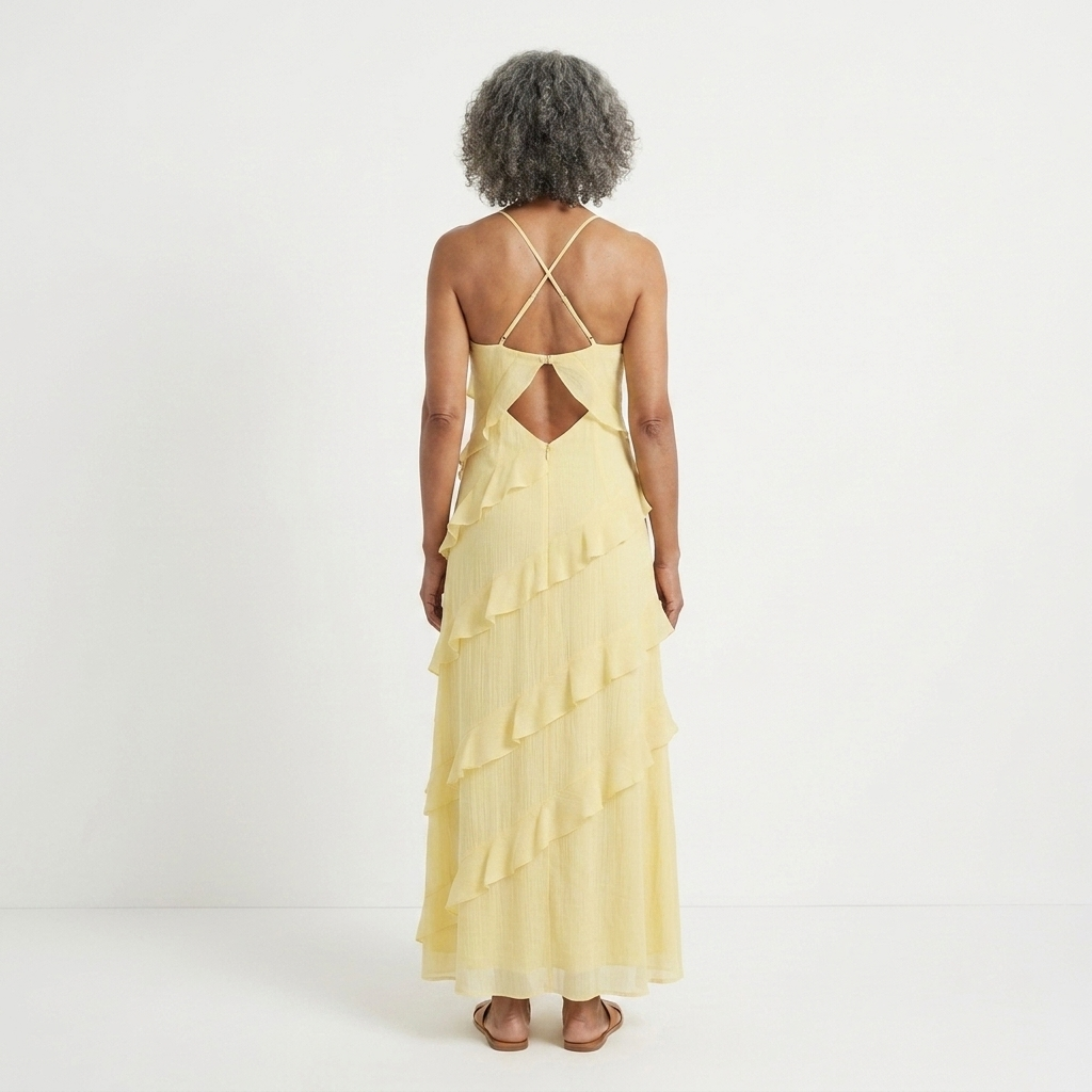 Women's tiered long dress — V halter neck for evening and party — vacation