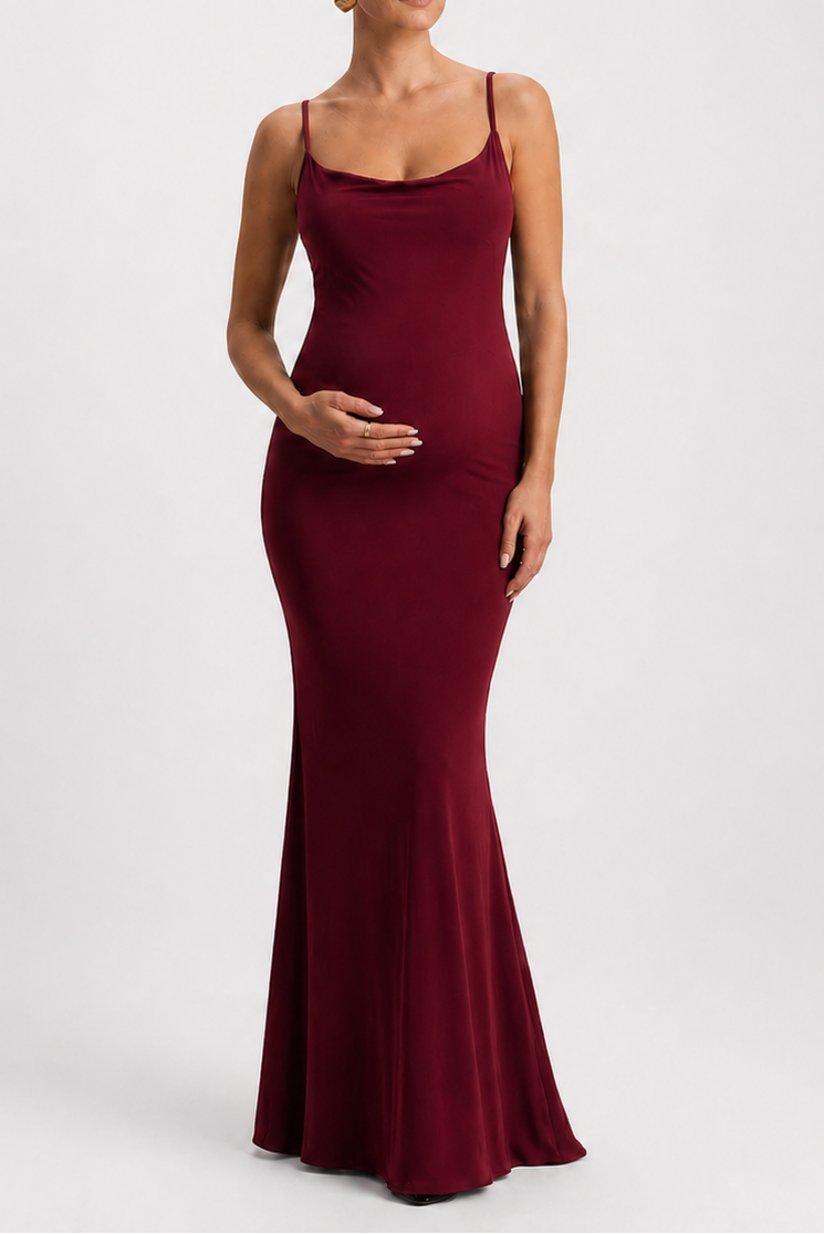 Chic Maternity Long Dress with Open Back and Cowl Neck