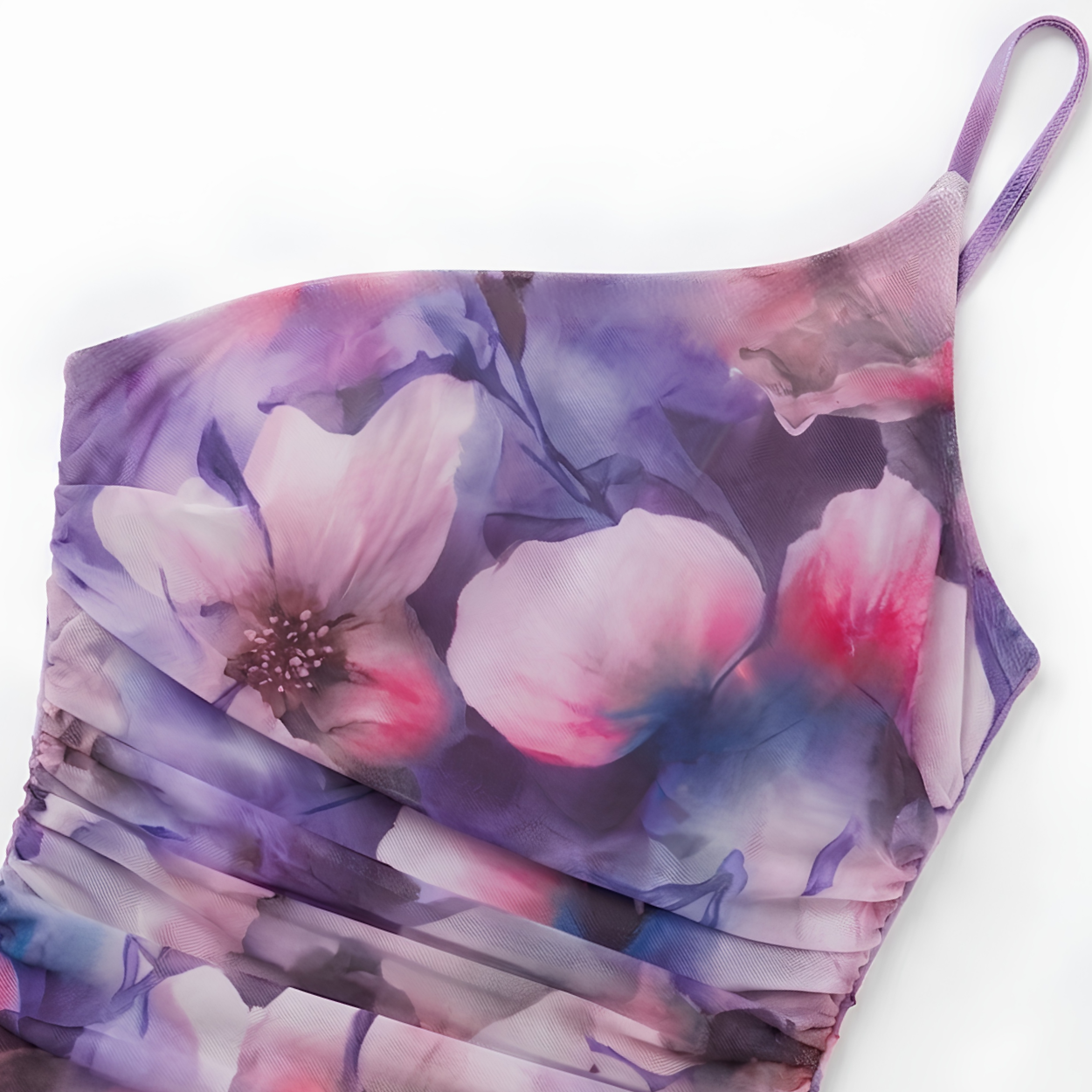 Robe Maxi Asymétrique à Imprimé Floral avec Fronces et Ourlet Queue de Poisson