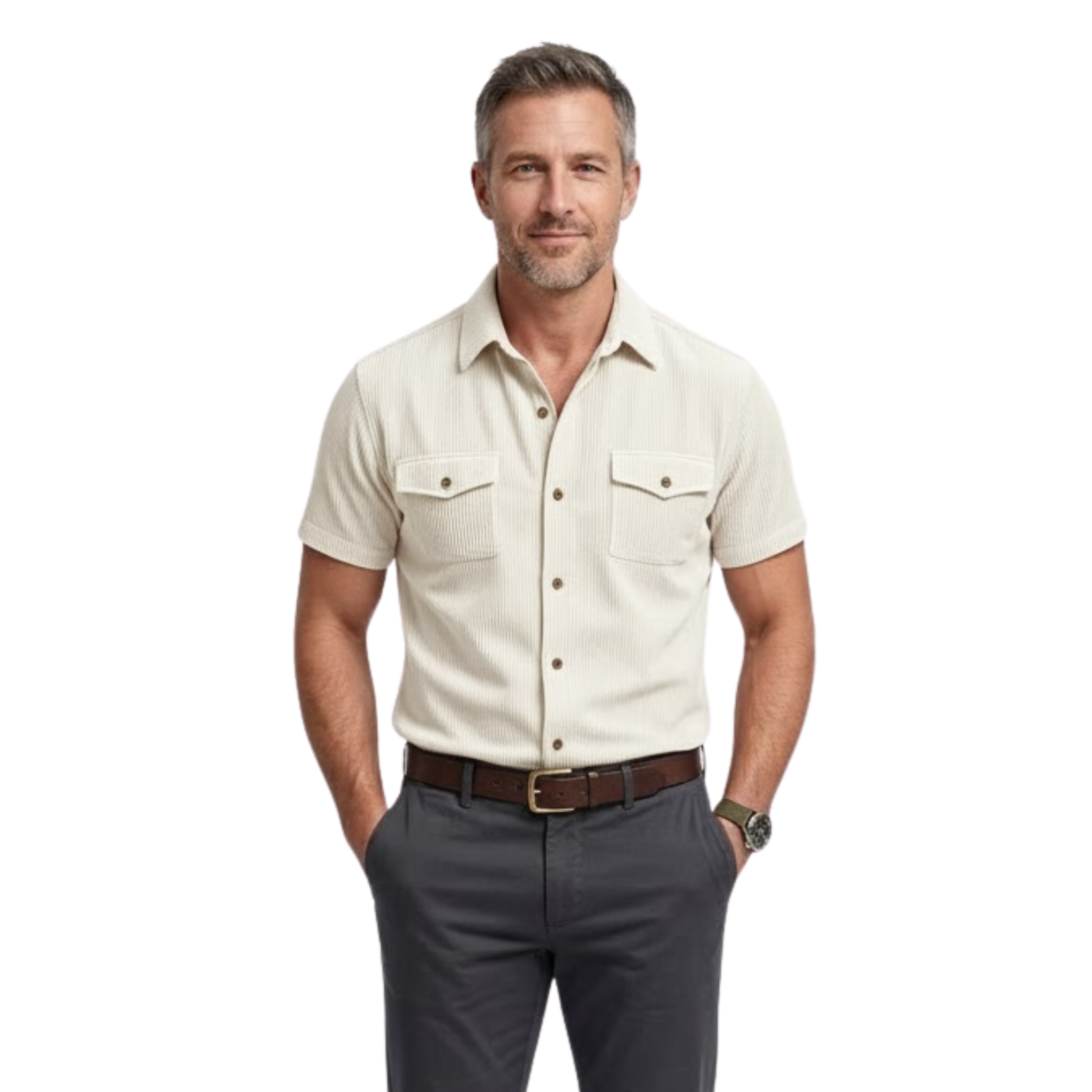 Camicia cargo da uomo in velluto a coste a maniche corte con tasche sul petto