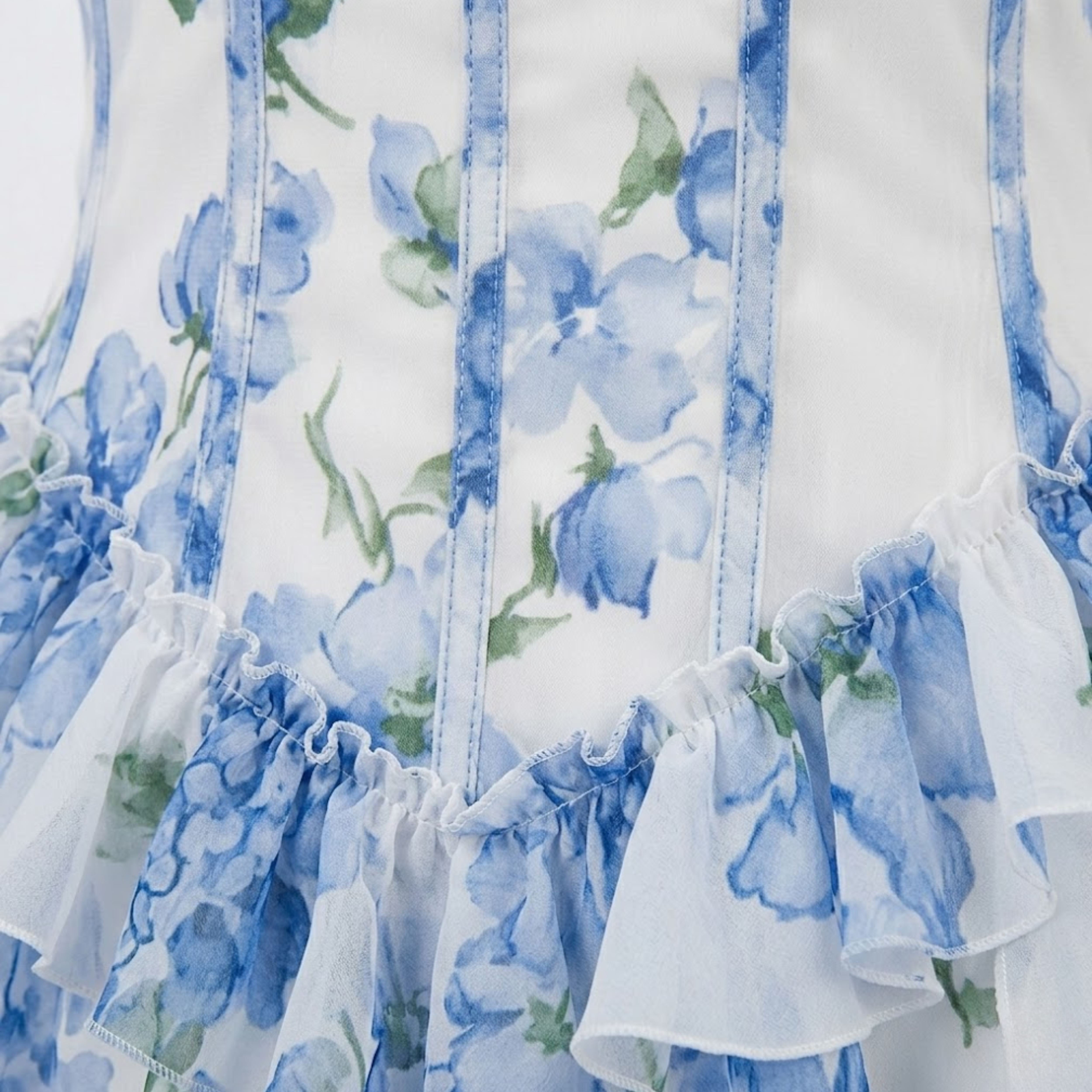 Long Floral Ruffled Dress with Corset Bodice and Thin Straps