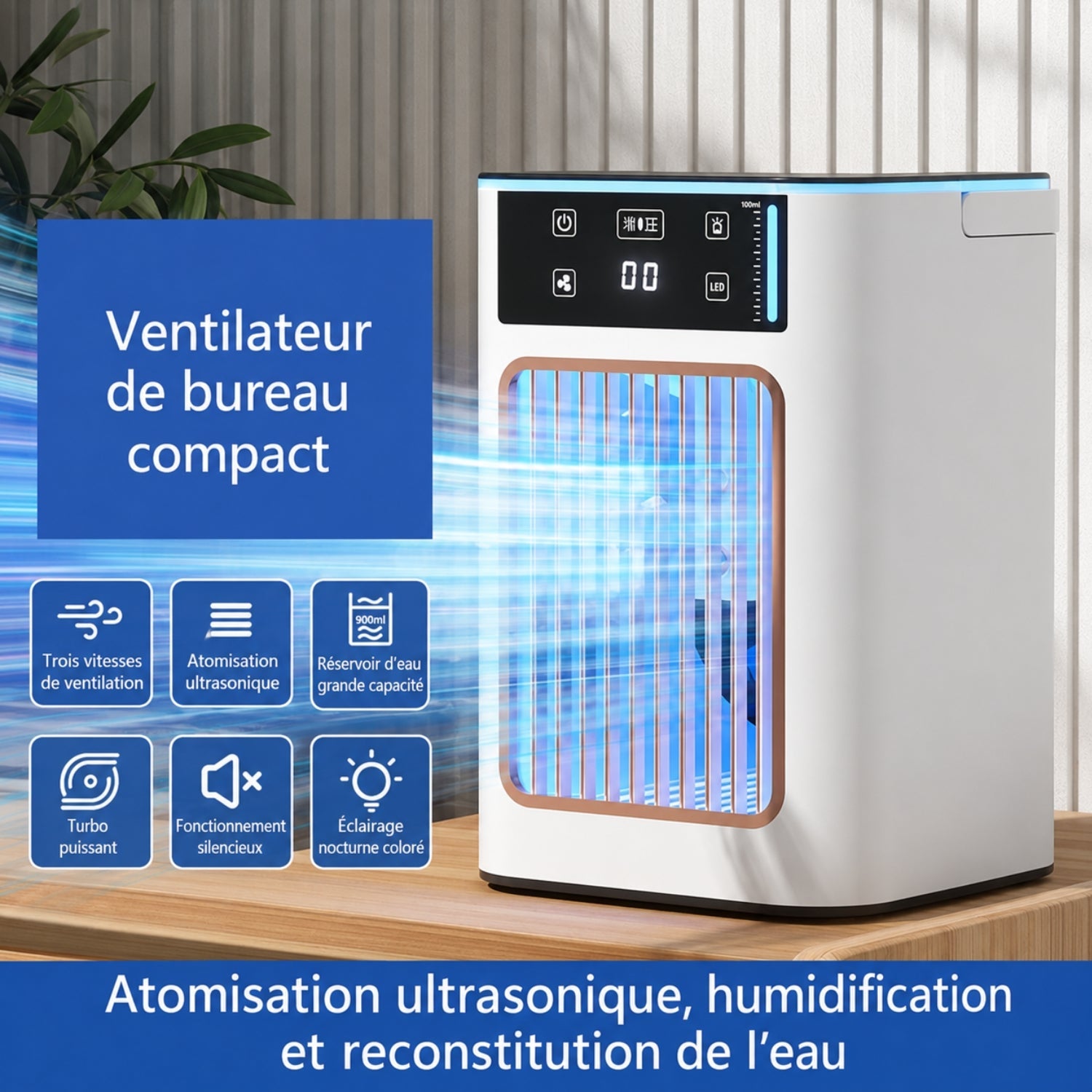 Enfriador de aire USB compacto con nebulización y 3 velocidades
