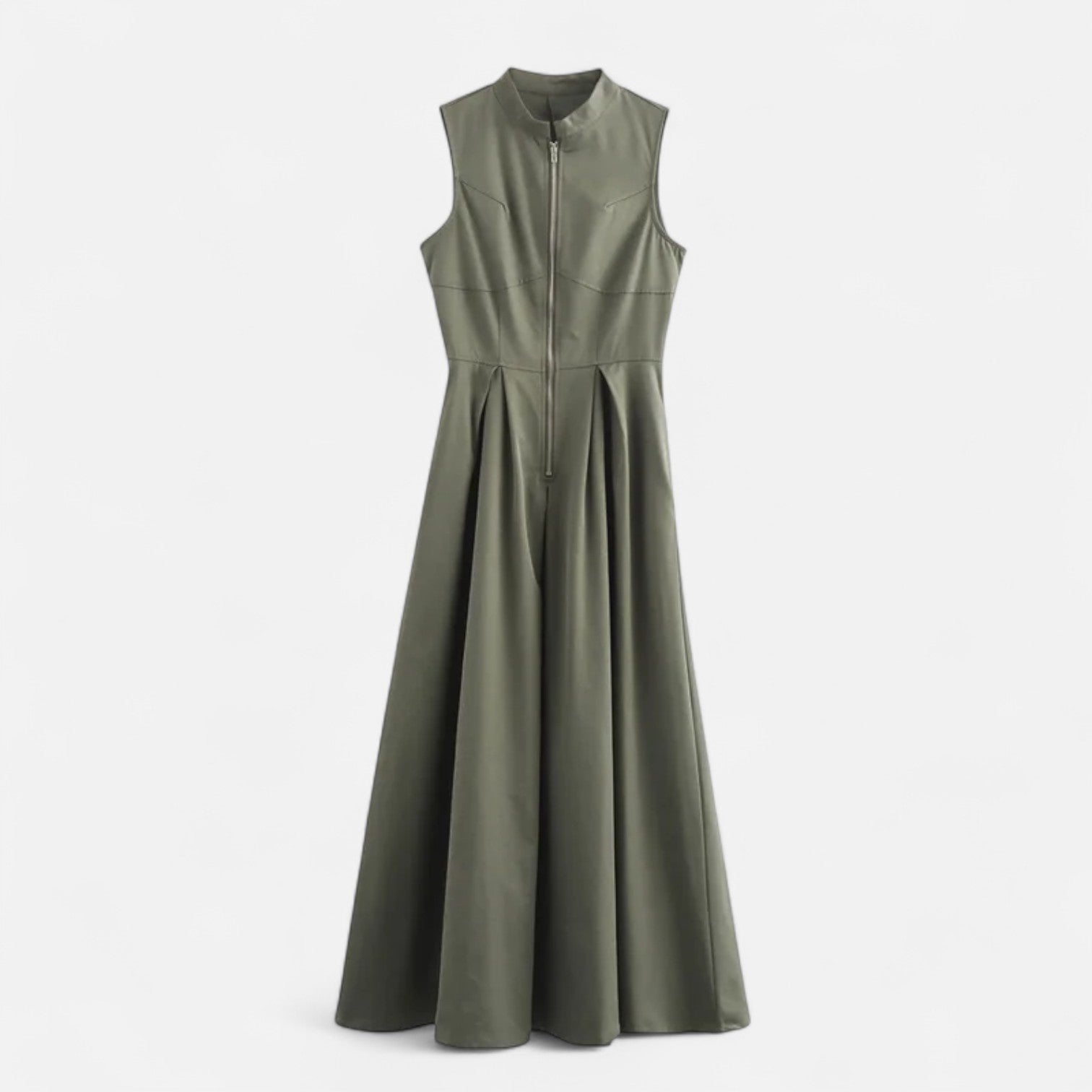Ancienne Monde | Robe Midi Plissée Cintrée pour Femme – Élégance d’Été Sans Manches avec Fermeture Zippée