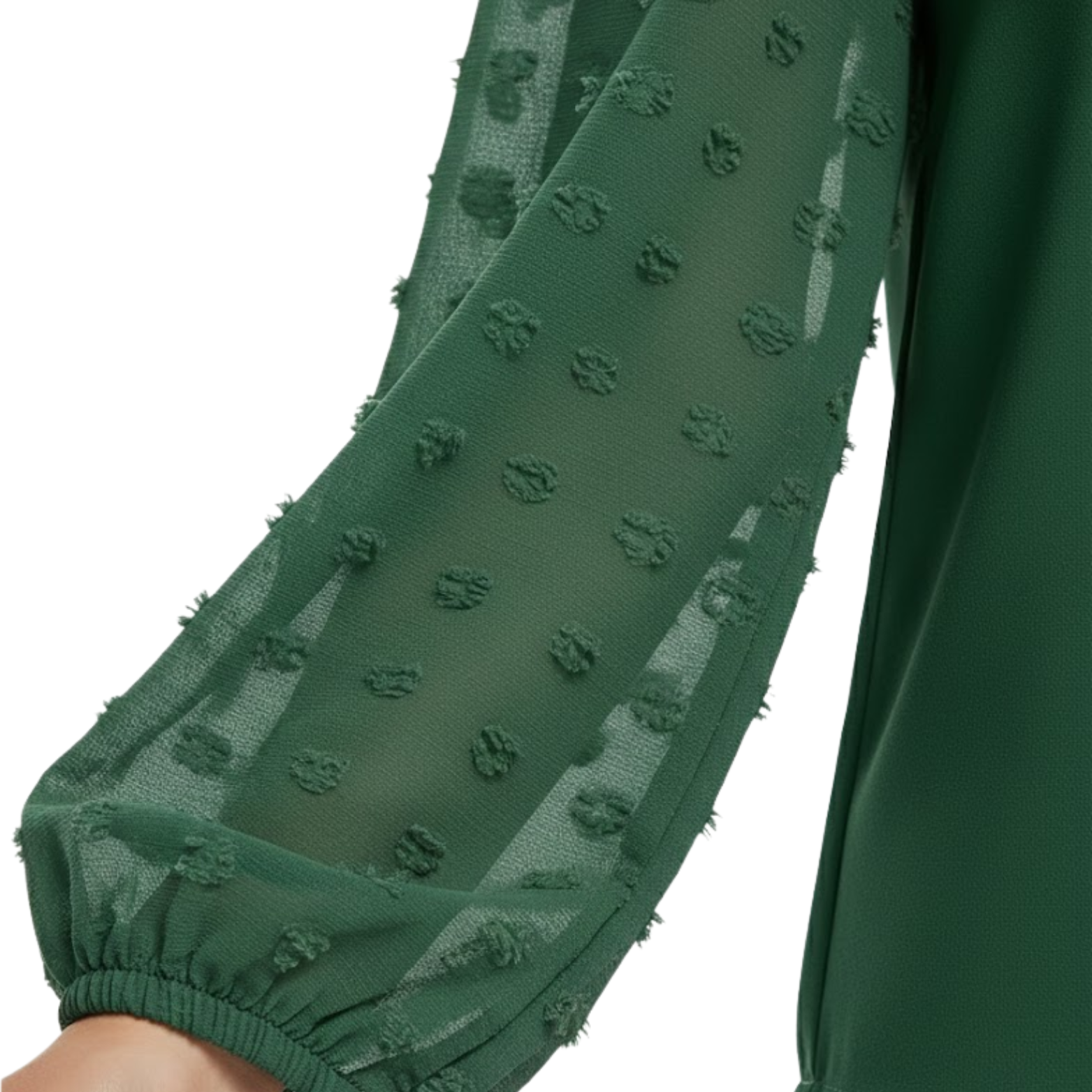 Women's blouse with V-neck, puffed textured sleeves, dotted sheer fabric, flowing