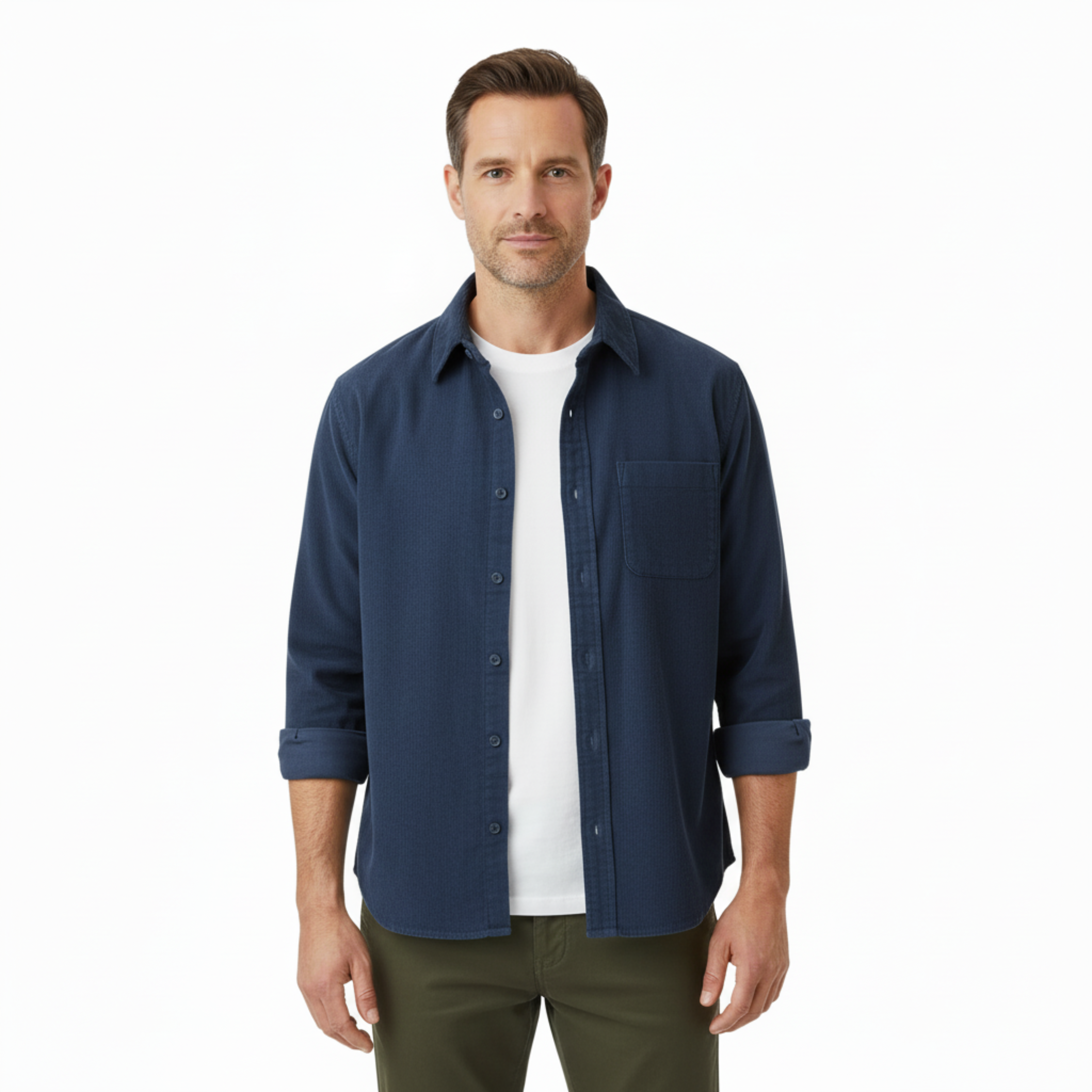 Camisa Retro de Terciopelo Pana de Manga Larga para Hombre con Bolsillo en el Pecho