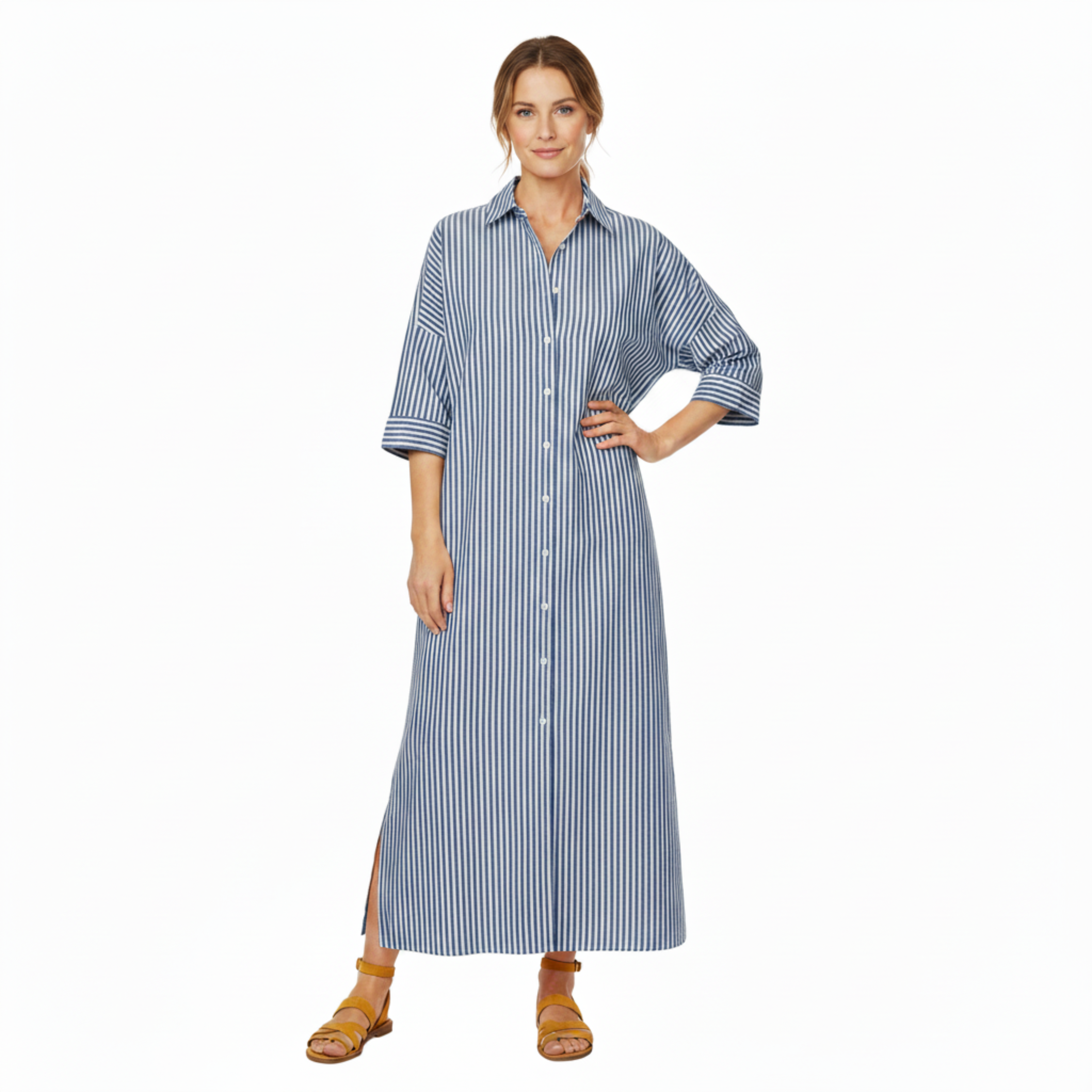 Vestito camicia a righe midi con colletto classico e maniche a tre quarti